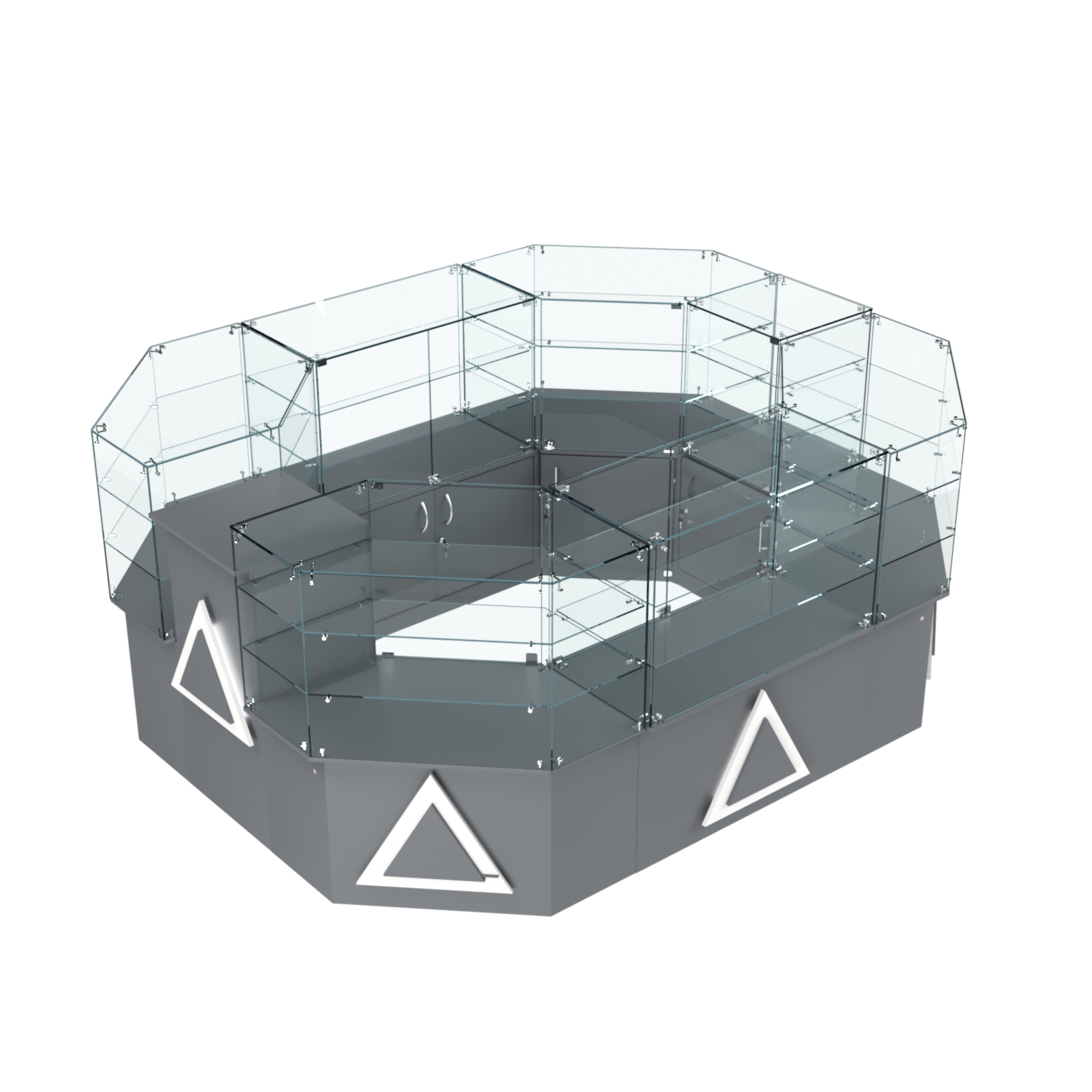 Торговый прямоугольный островок с низким накопителем и накладками серии ТРЕУГОЛЬНИК №1 (6,24 кв.м) Темно-Серый