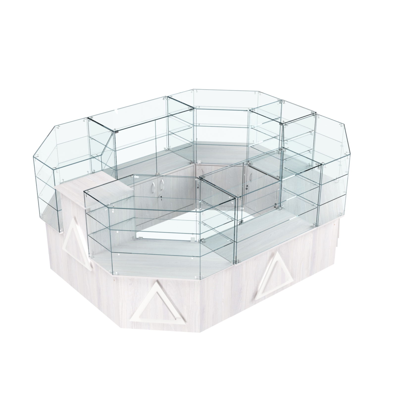 Торговый прямоугольный островок с низким накопителем и накладками серии ТРЕУГОЛЬНИК №1 (6,24 кв.м) Ясень Анкор светлый