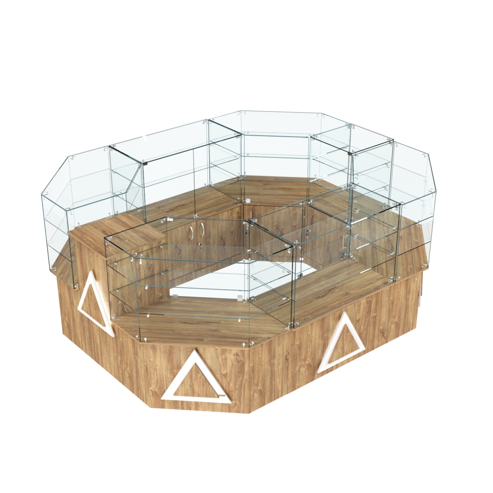 Торговый прямоугольный островок с низким накопителем и накладками серии ТРЕУГОЛЬНИК №1 (6,24 кв.м) Дуб Канзас коричневый