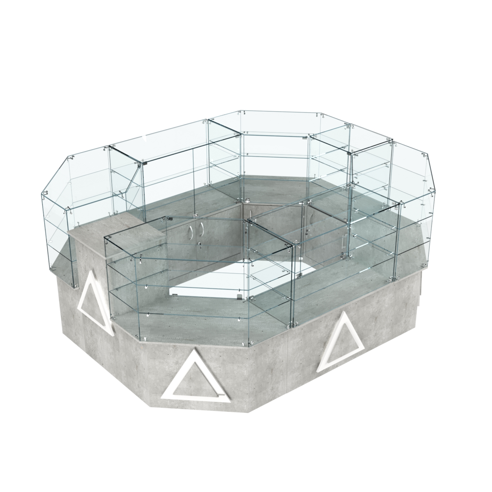 Торговый прямоугольный островок с низким накопителем и накладками серии ТРЕУГОЛЬНИК №1 (6,24 кв.м) Метрополитан Грей