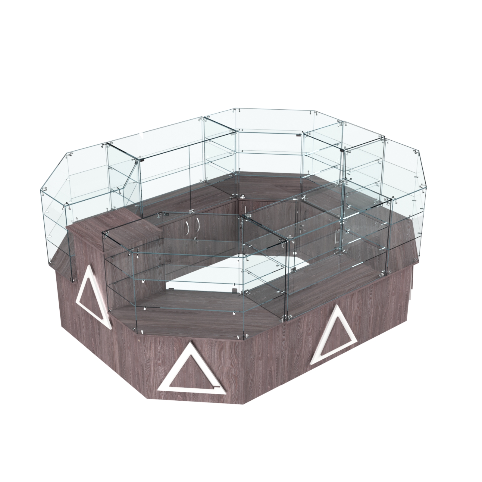 Торговый прямоугольный островок с низким накопителем и накладками серии ТРЕУГОЛЬНИК №1 (6,24 кв.м) Ясень Анкор темный