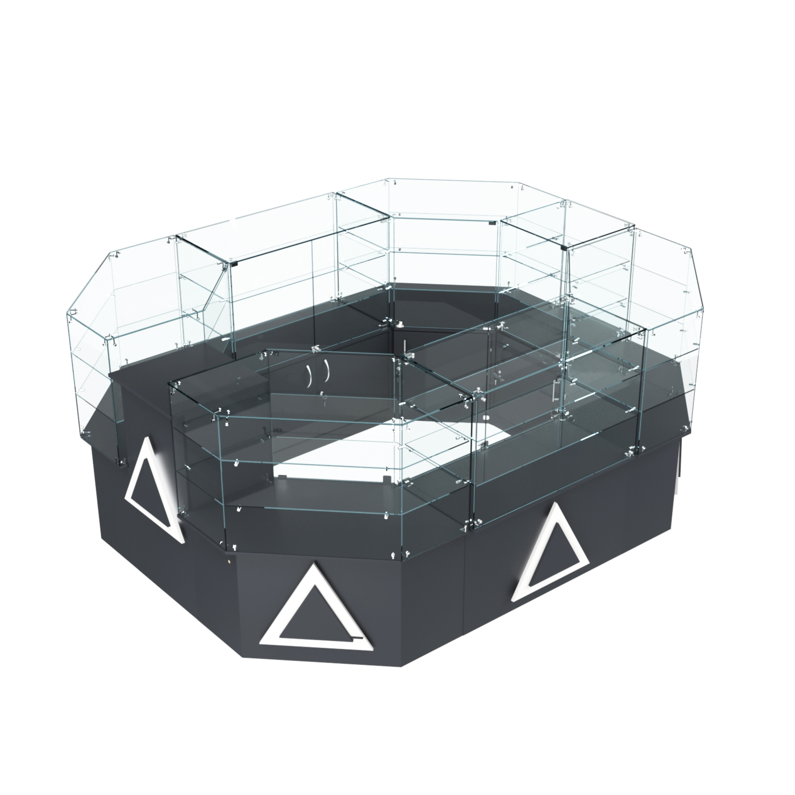 Торговый прямоугольный островок с низким накопителем и накладками серии ТРЕУГОЛЬНИК №1 (6,24 кв.м) Антрацит