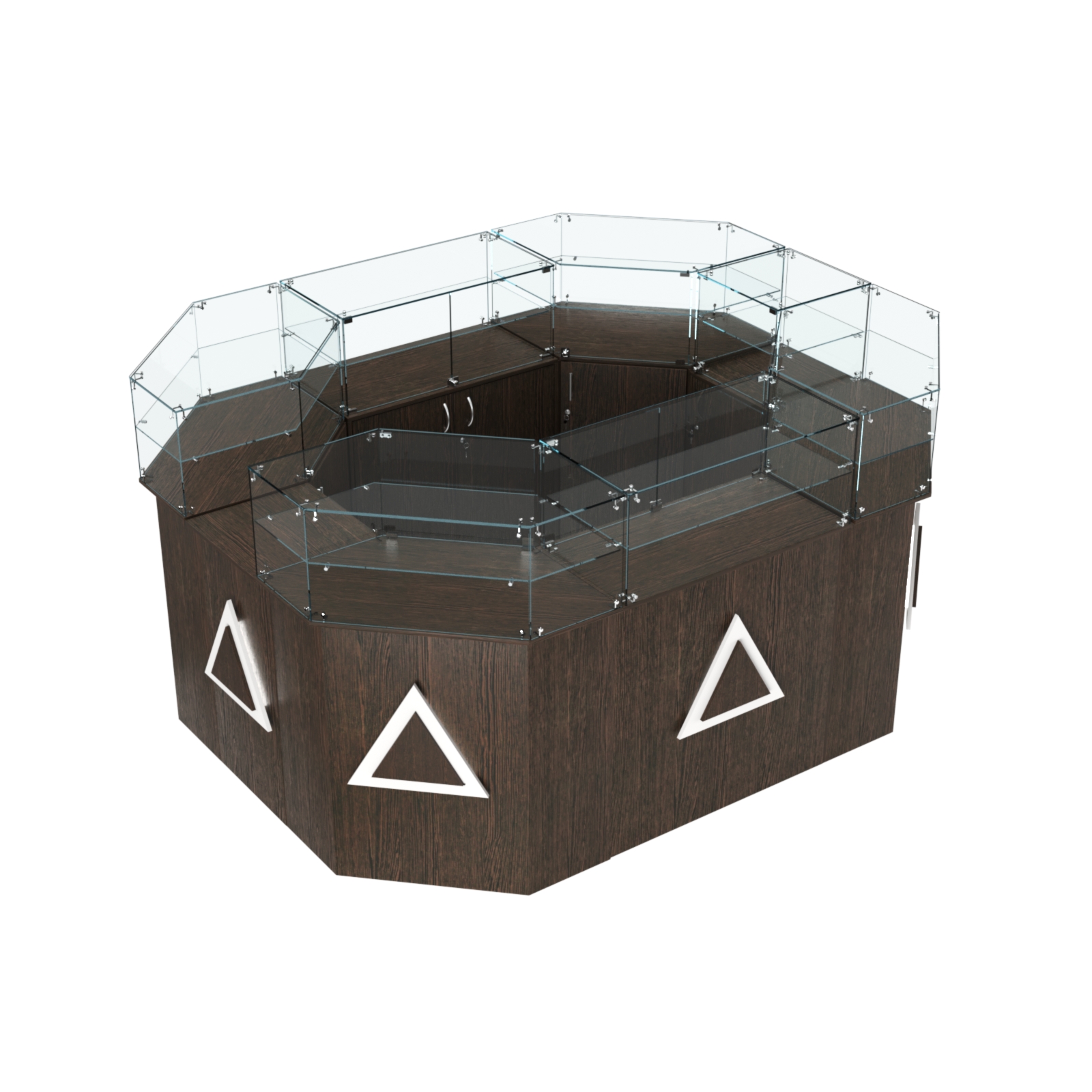 Торговый прямоугольный островок с высоким накопителем и накладками серии ТРЕУГОЛЬНИК №4 (6,24 кв.м) Дуб Венге