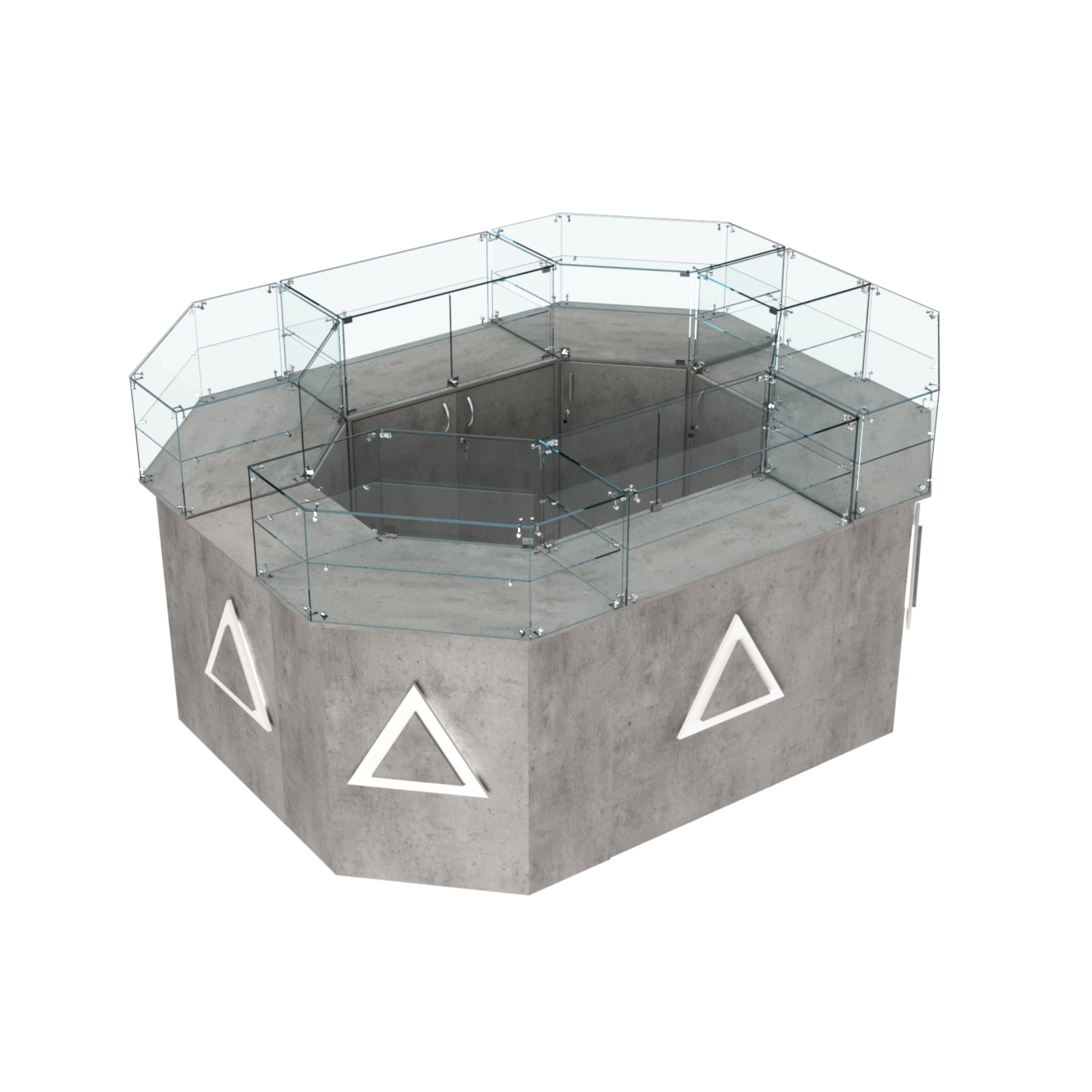 Торговый прямоугольный островок с высоким накопителем и накладками серии ТРЕУГОЛЬНИК №4 (6,24 кв.м) Бетон Чикаго светло-серый F186 ST9