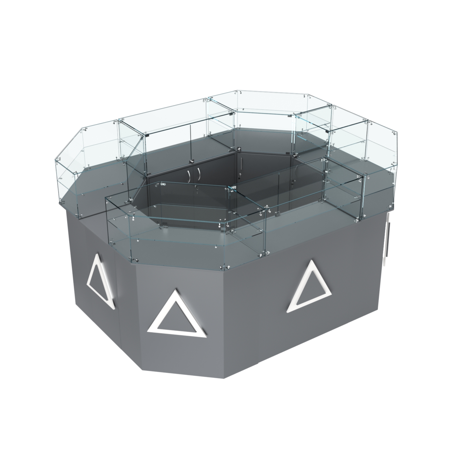 Торговый прямоугольный островок с высоким накопителем и накладками серии ТРЕУГОЛЬНИК №4 (6,24 кв.м) Темно-Серый