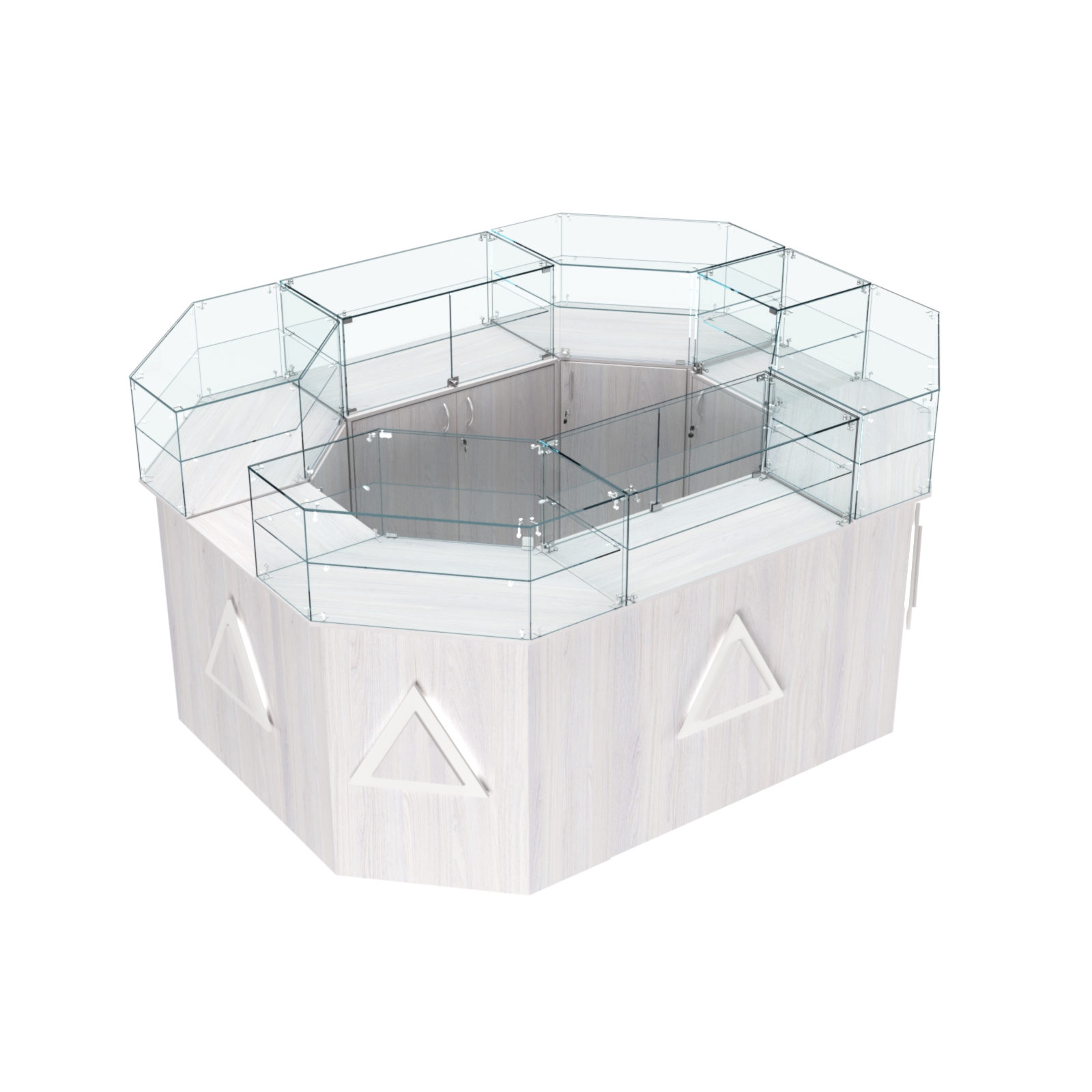 Торговый прямоугольный островок с высоким накопителем и накладками серии ТРЕУГОЛЬНИК №4 (6,24 кв.м) Ясень Анкор светлый