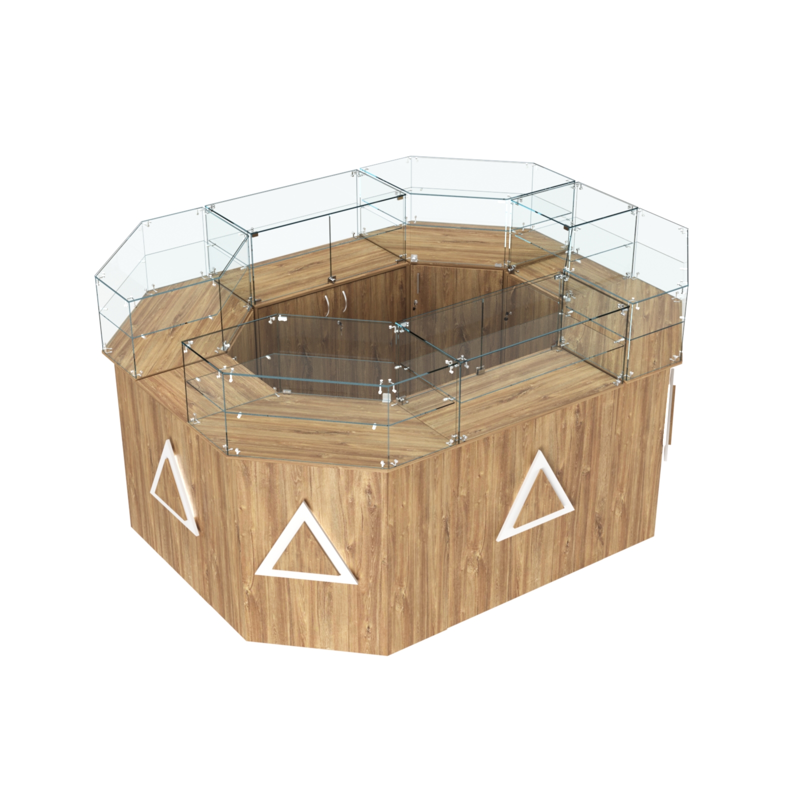 Торговый прямоугольный островок с высоким накопителем и накладками серии ТРЕУГОЛЬНИК №4 (6,24 кв.м) Дуб Канзас коричневый