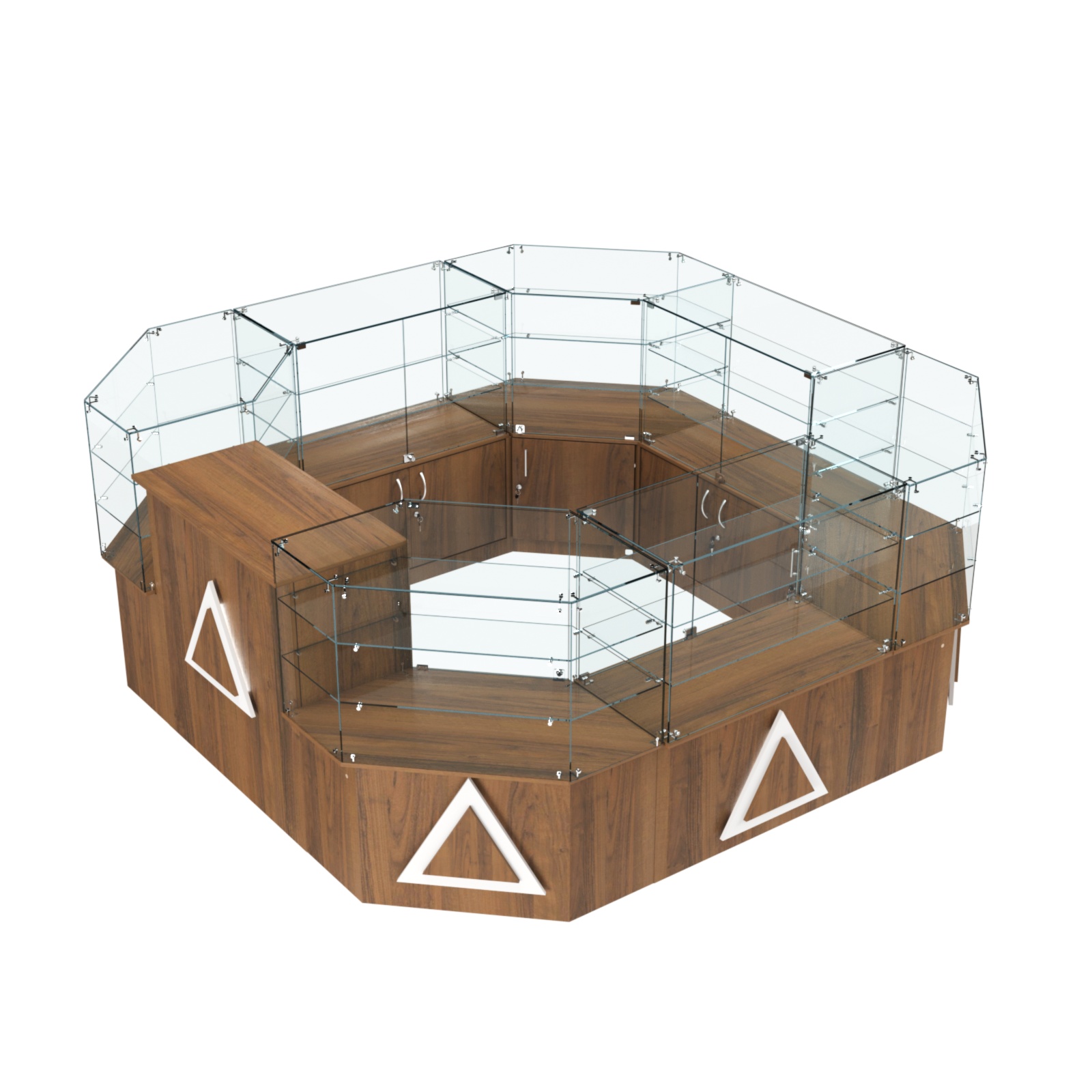 Торговый стеклянный островок с накладками серии ТРЕУГОЛЬНИК №2 (7,62 кв.м) Орех