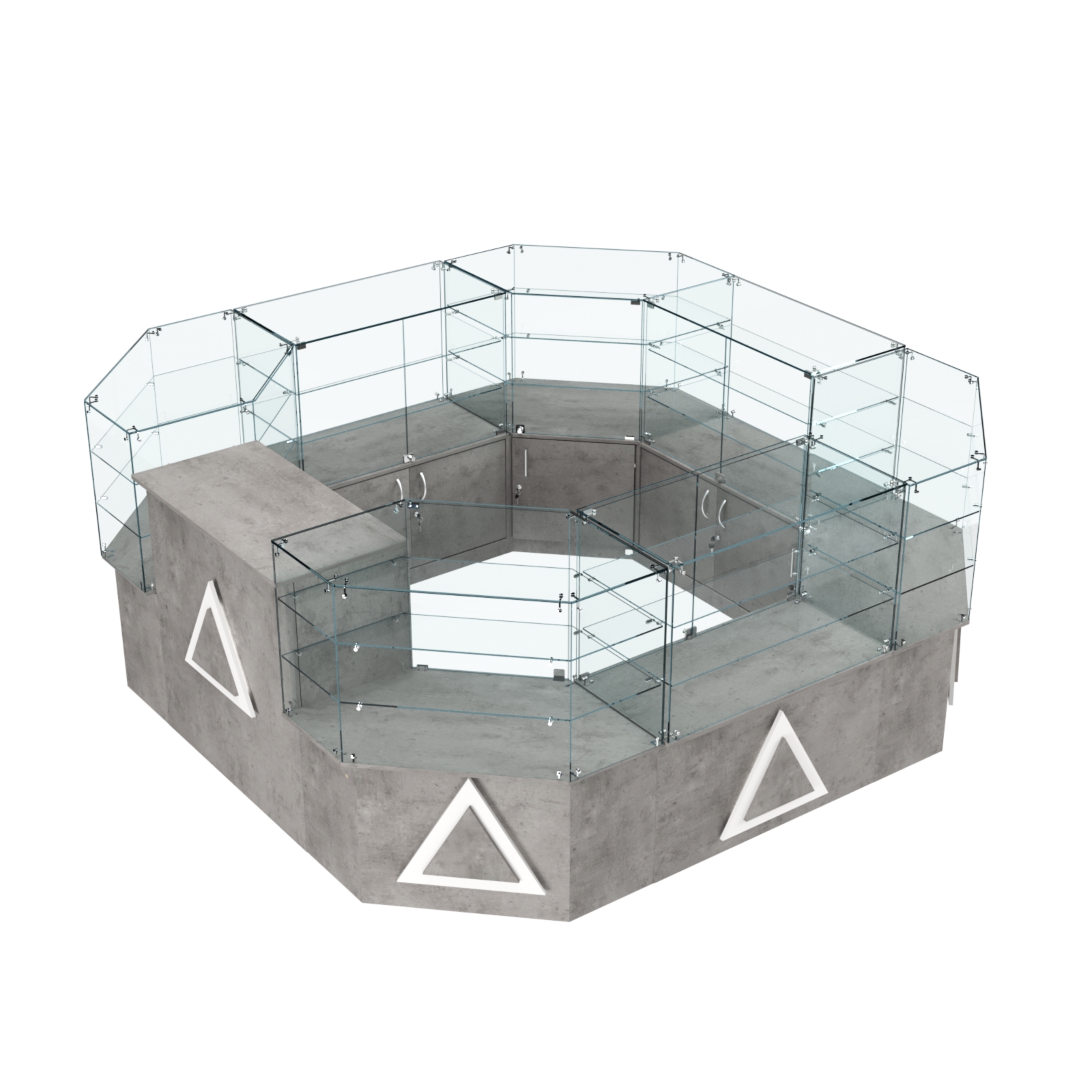 Торговый стеклянный островок с накладками серии ТРЕУГОЛЬНИК №2 (7,62 кв.м) Бетон Чикаго светло-серый F186 ST9