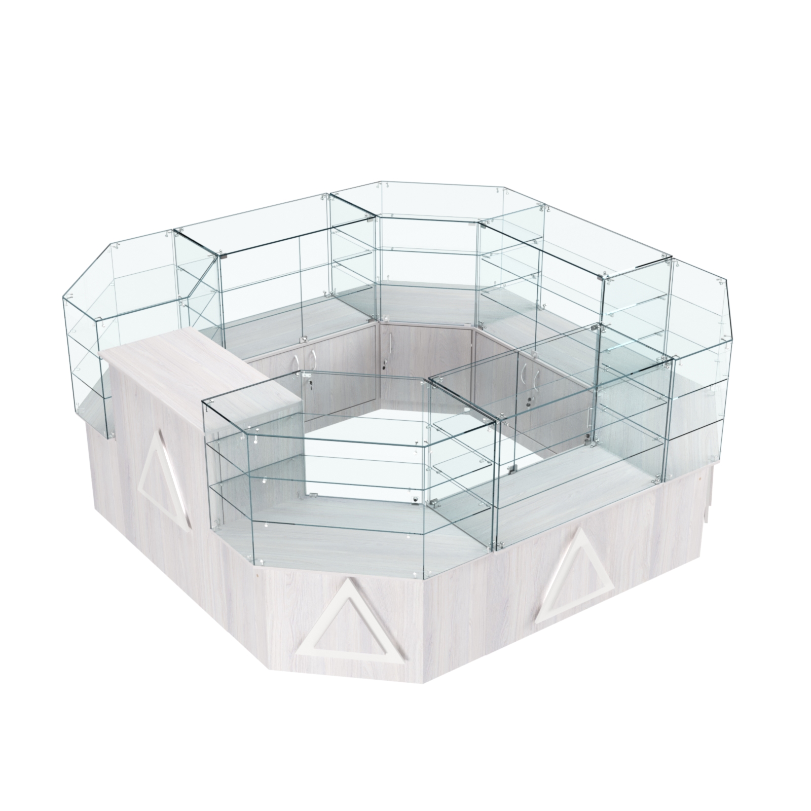 Торговый стеклянный островок с накладками серии ТРЕУГОЛЬНИК №2 (7,62 кв.м) Ясень Анкор светлый