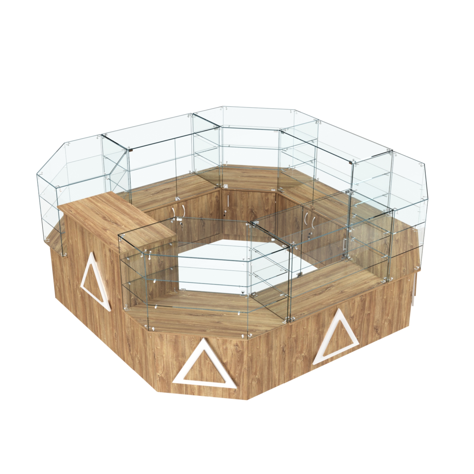 Торговый стеклянный островок с накладками серии ТРЕУГОЛЬНИК №2 (7,62 кв.м) Дуб Канзас коричневый