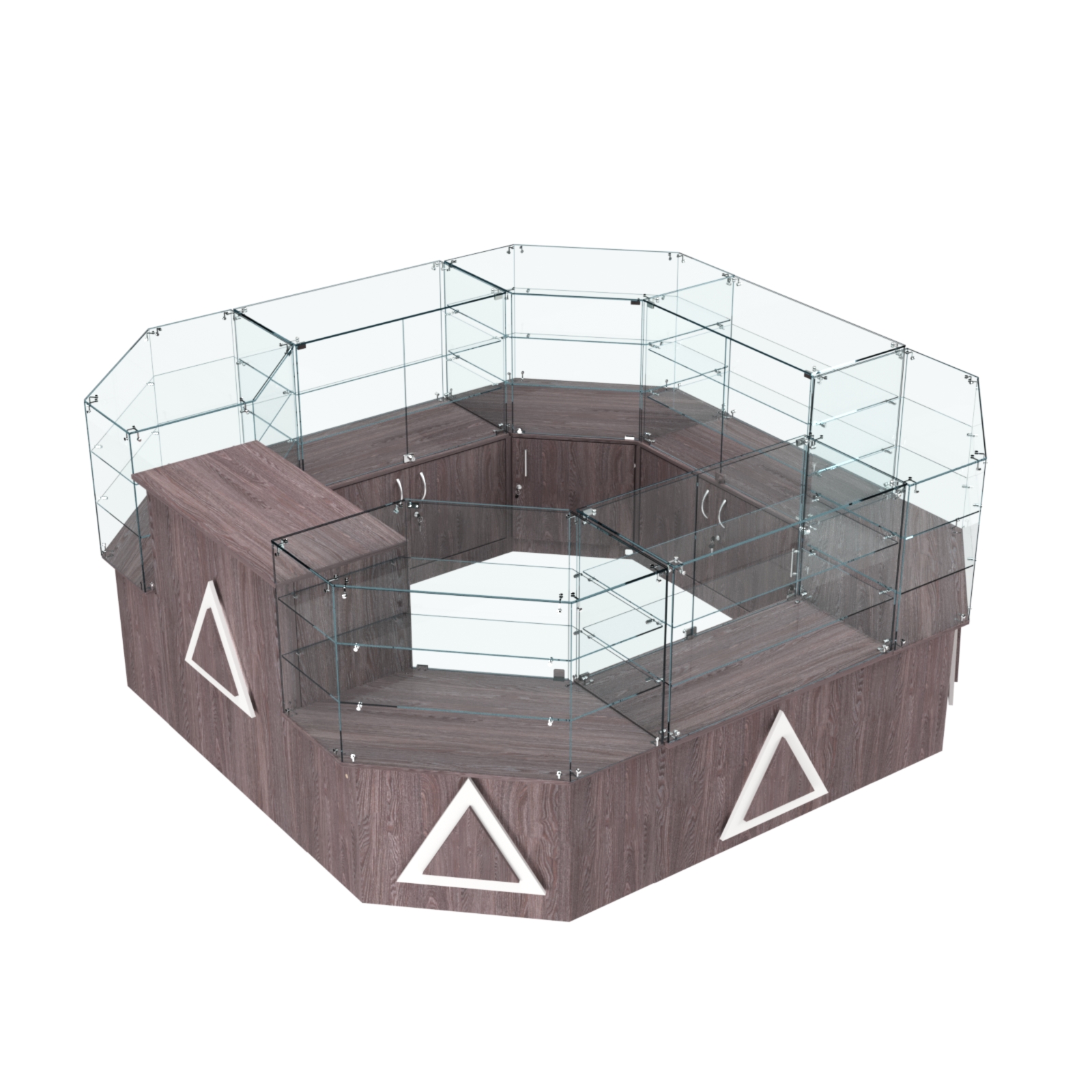 Торговый стеклянный островок с накладками серии ТРЕУГОЛЬНИК №2 (7,62 кв.м) Ясень Анкор темный