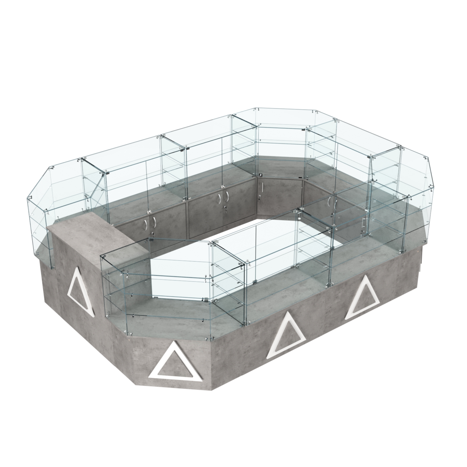 Торговый центральный островок с накладками серии ТРЕУГОЛЬНИК №3 (10,38 кв.м) Бетон Чикаго светло-серый F186 ST9