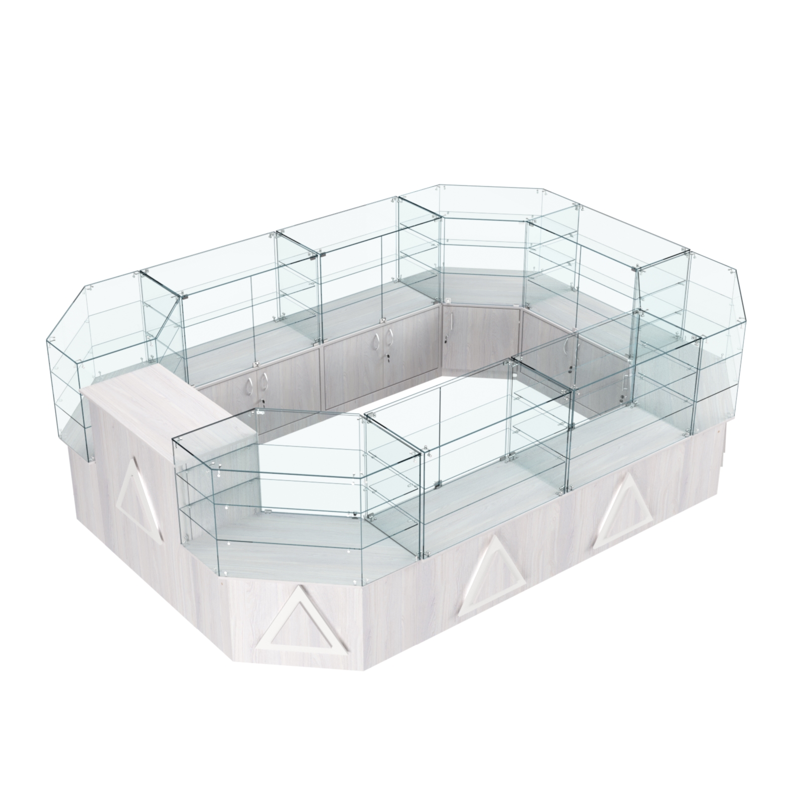 Торговый центральный островок с накладками серии ТРЕУГОЛЬНИК №3 (10,38 кв.м) Ясень Анкор светлый