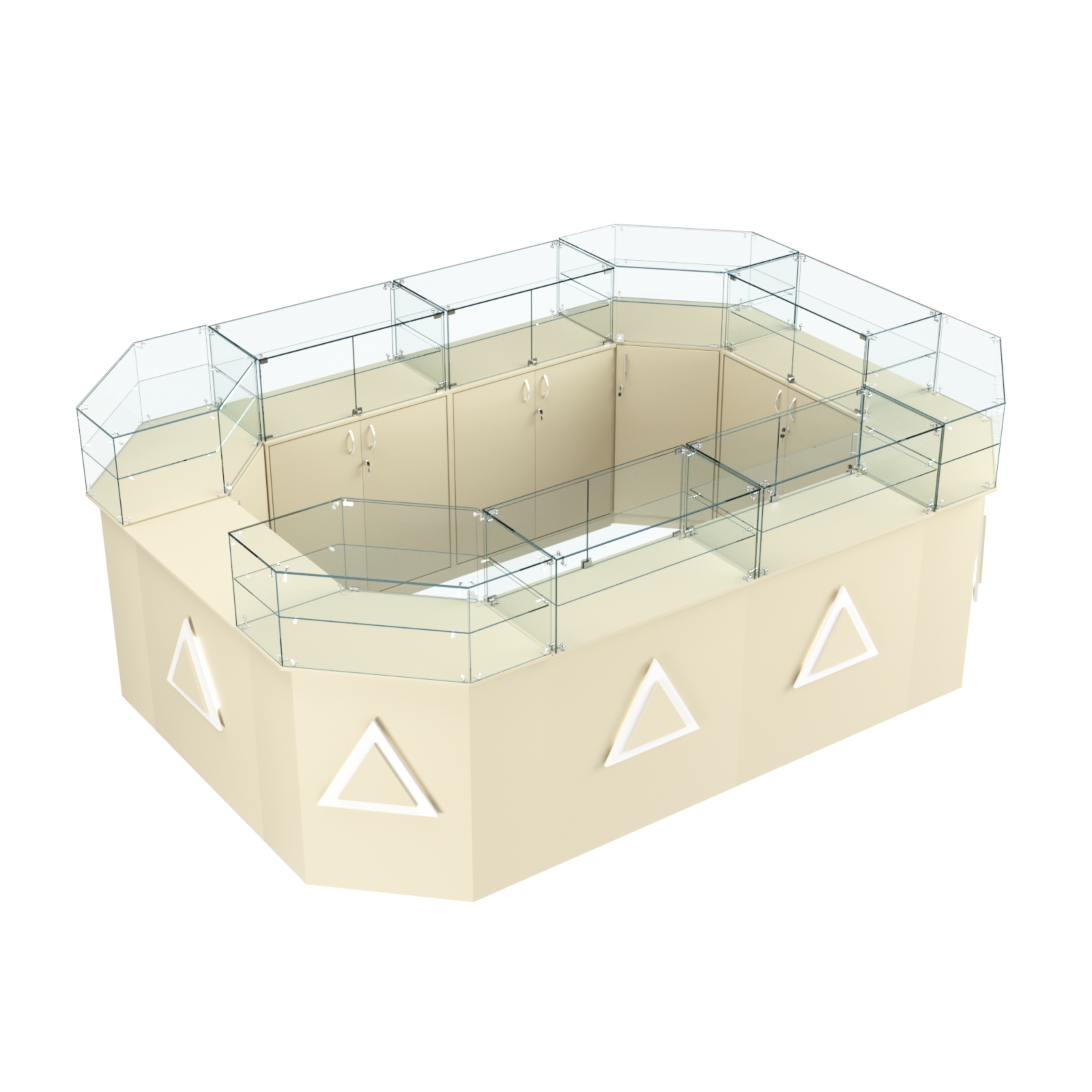 Торговый островок с прозрачным верхом и накладками серии ТРЕУГОЛЬНИК №6 (10,38 кв.м) Крем Вайс