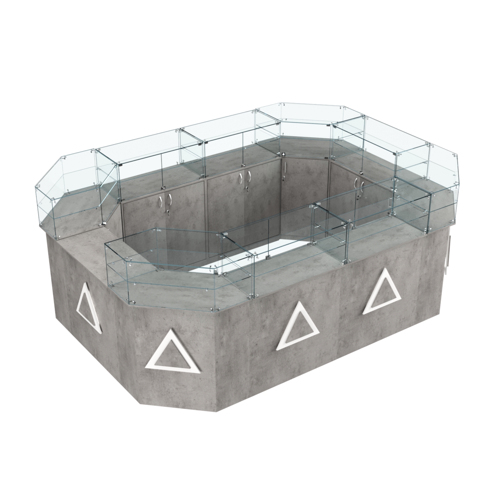 Торговый островок с прозрачным верхом и накладками серии ТРЕУГОЛЬНИК №6 (10,38 кв.м) Бетон Чикаго светло-серый F186 ST9