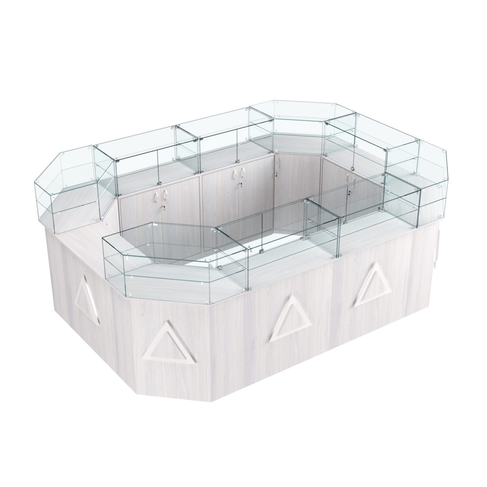 Торговый островок с прозрачным верхом и накладками серии ТРЕУГОЛЬНИК №6 (10,38 кв.м) Ясень Анкор светлый