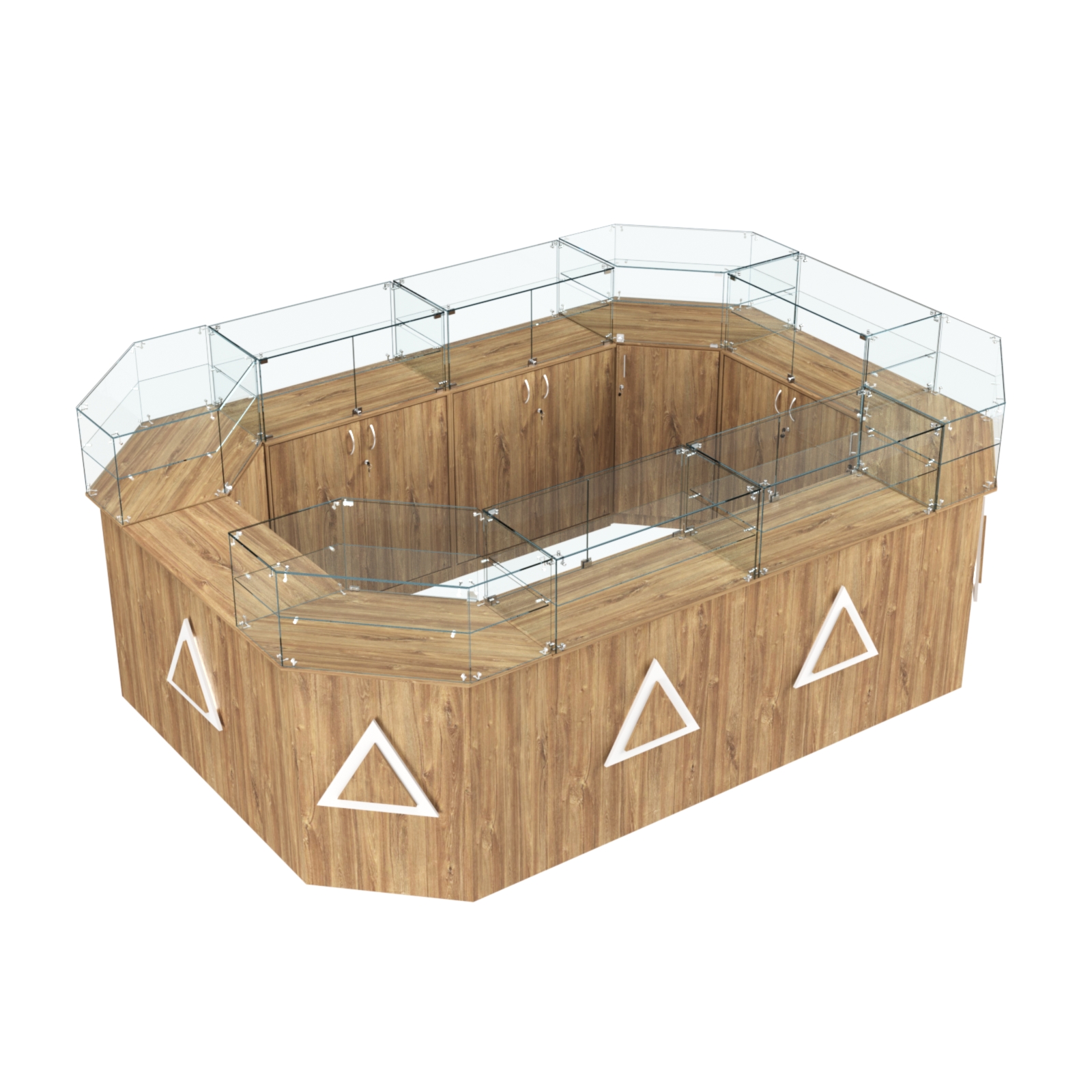 Торговый островок с прозрачным верхом и накладками серии ТРЕУГОЛЬНИК №6 (10,38 кв.м) Дуб Канзас коричневый