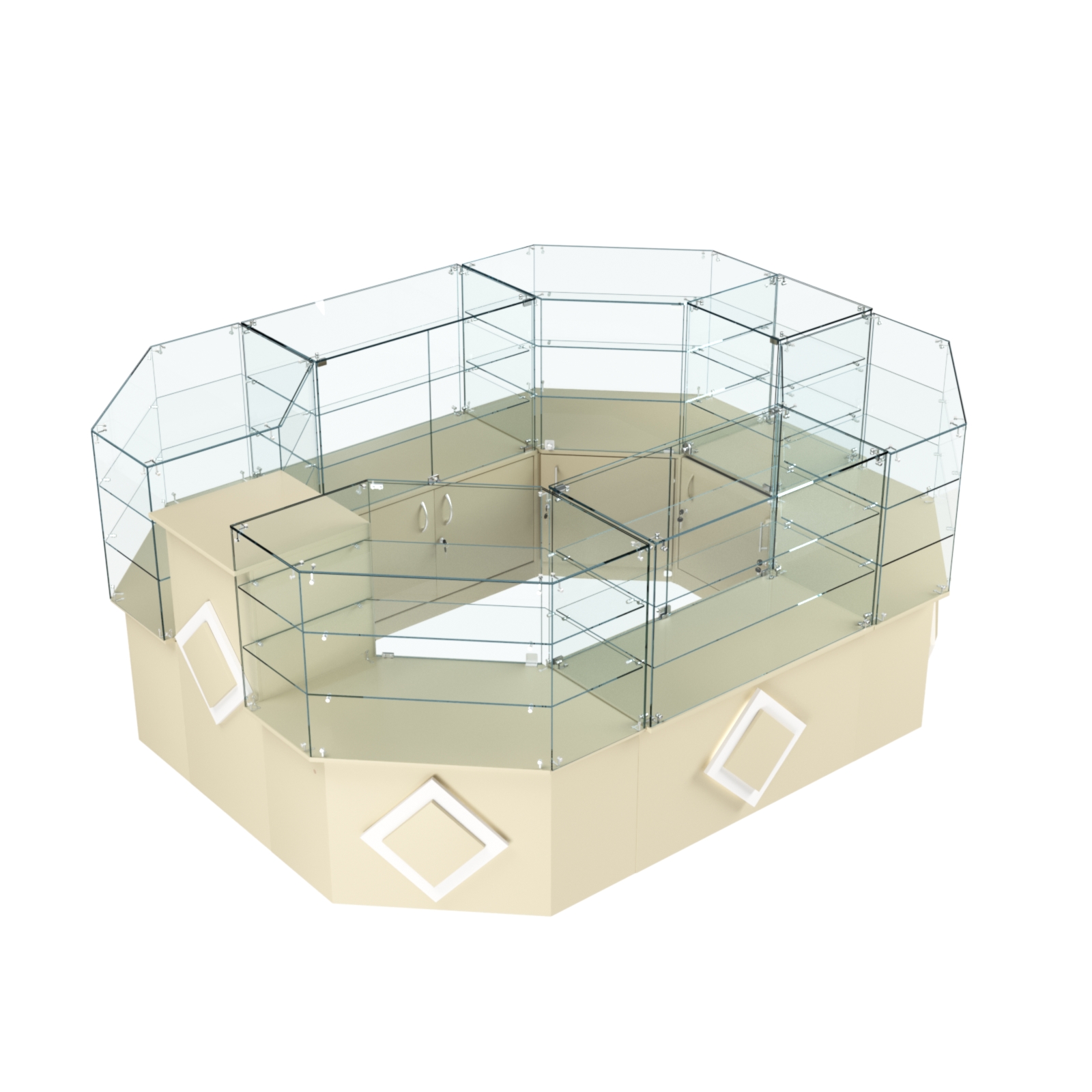 Торговый прямоугольный островок с низким накопителем и накладками серии РОМБ №1 (6,24 кв.м) Крем Вайс