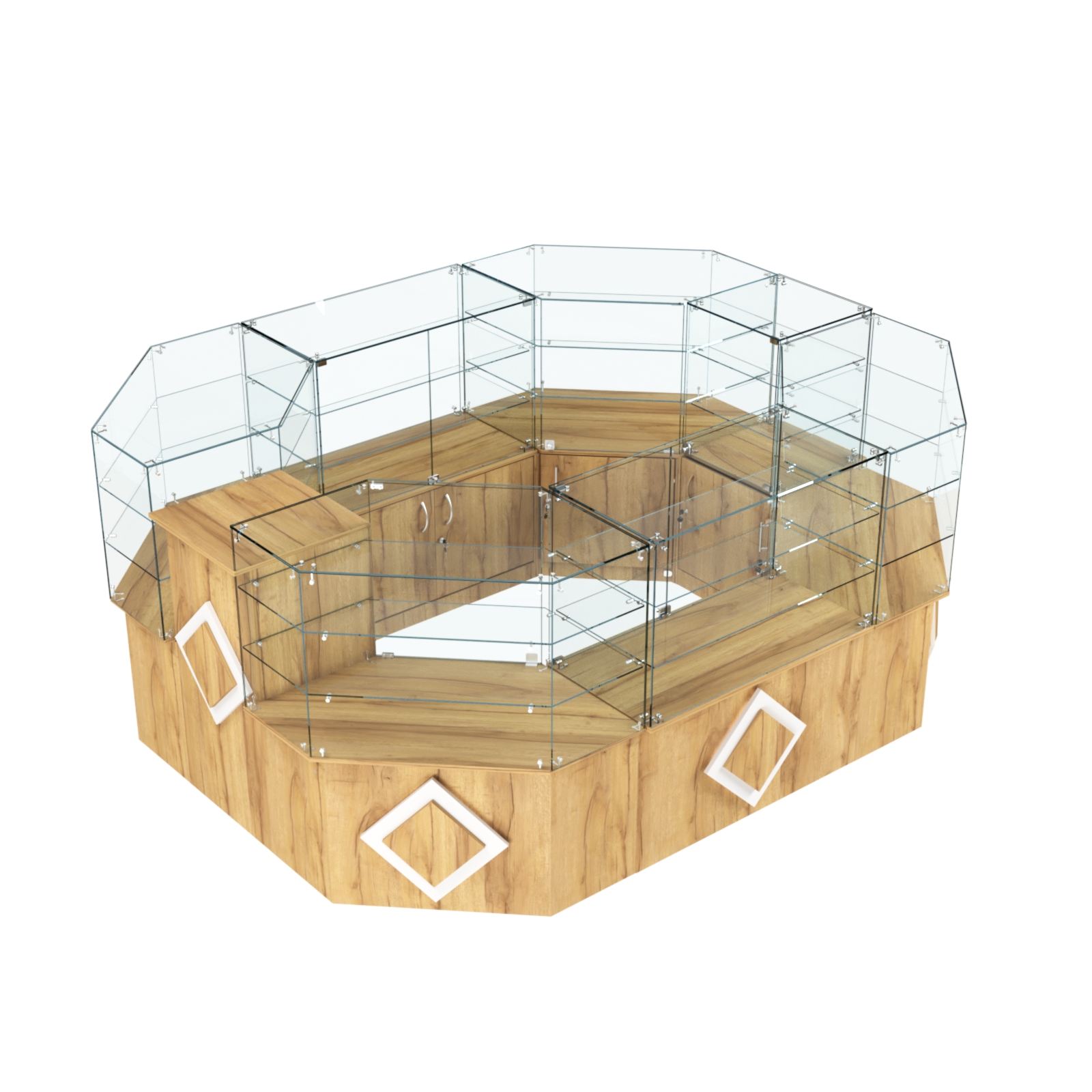 Торговый прямоугольный островок с низким накопителем и накладками серии РОМБ №1 (6,24 кв.м) Дуб Золотистый