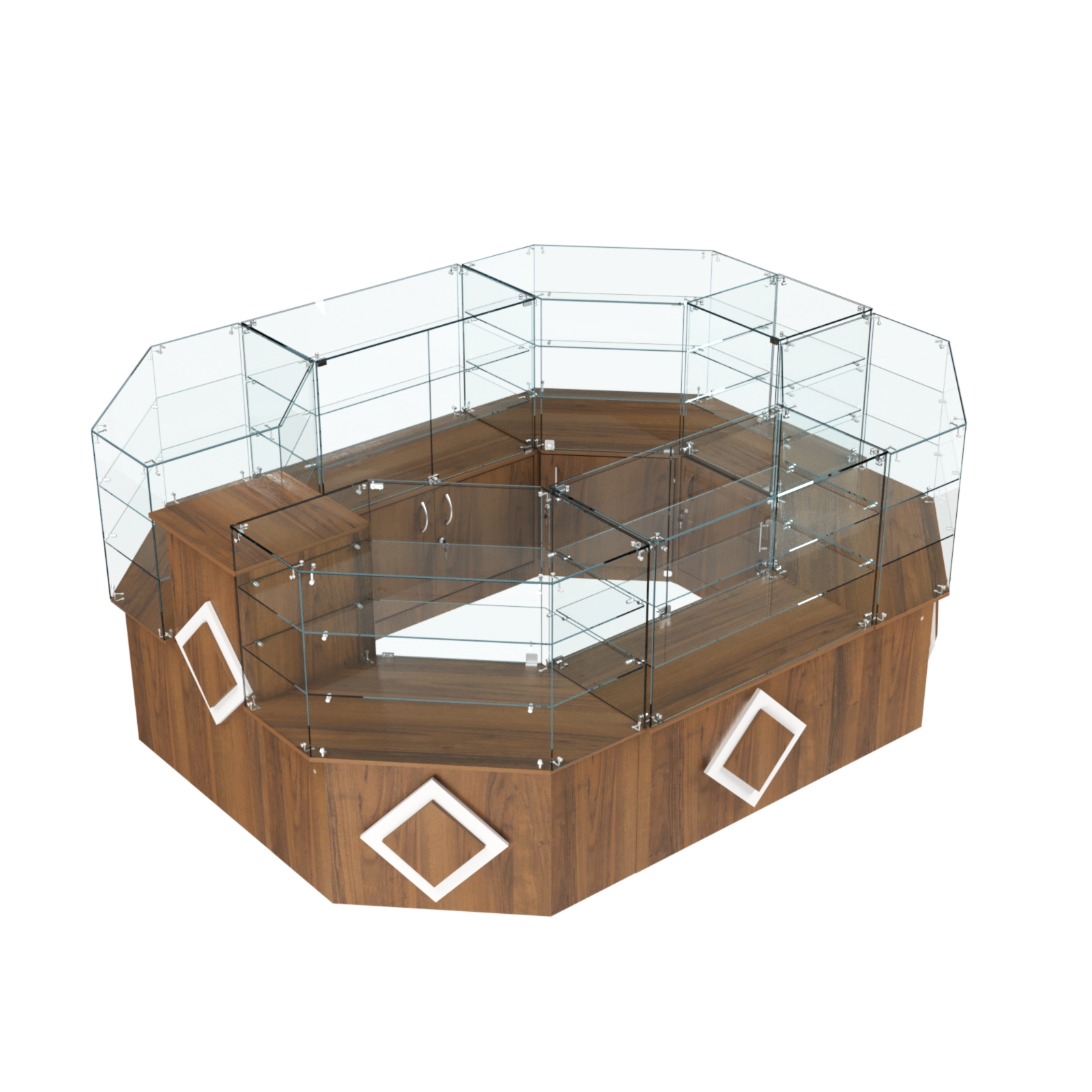 Торговый прямоугольный островок с низким накопителем и накладками серии РОМБ №1 (6,24 кв.м) Орех