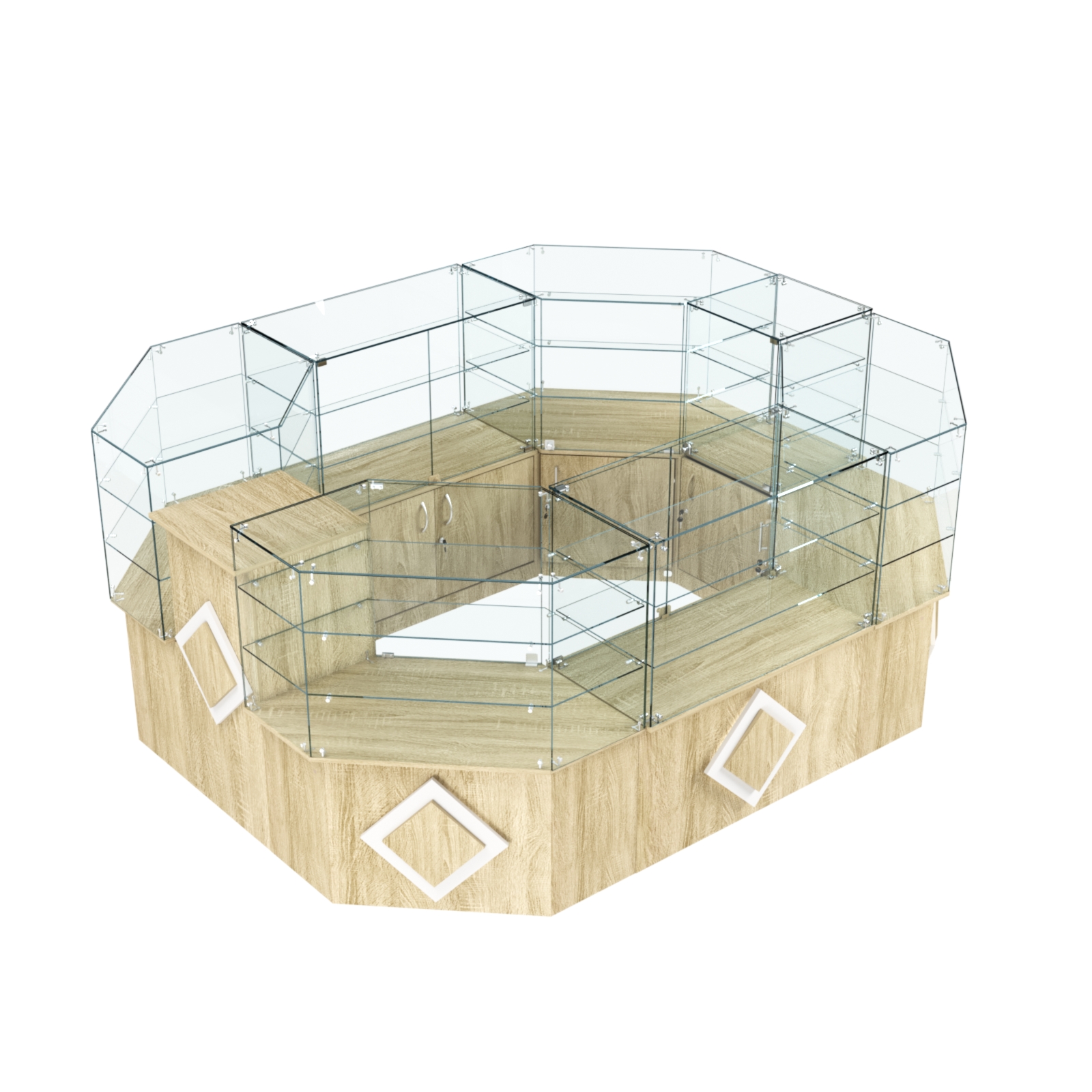 Торговый прямоугольный островок с низким накопителем и накладками серии РОМБ №1 (6,24 кв.м) Дуб сонома