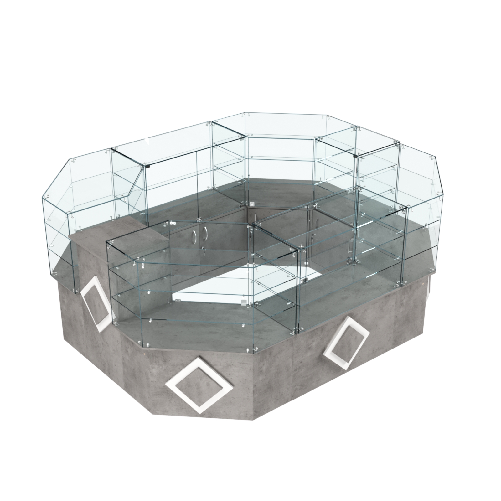 Торговый прямоугольный островок с низким накопителем и накладками серии РОМБ №1 (6,24 кв.м) Бетон Чикаго светло-серый F186 ST9