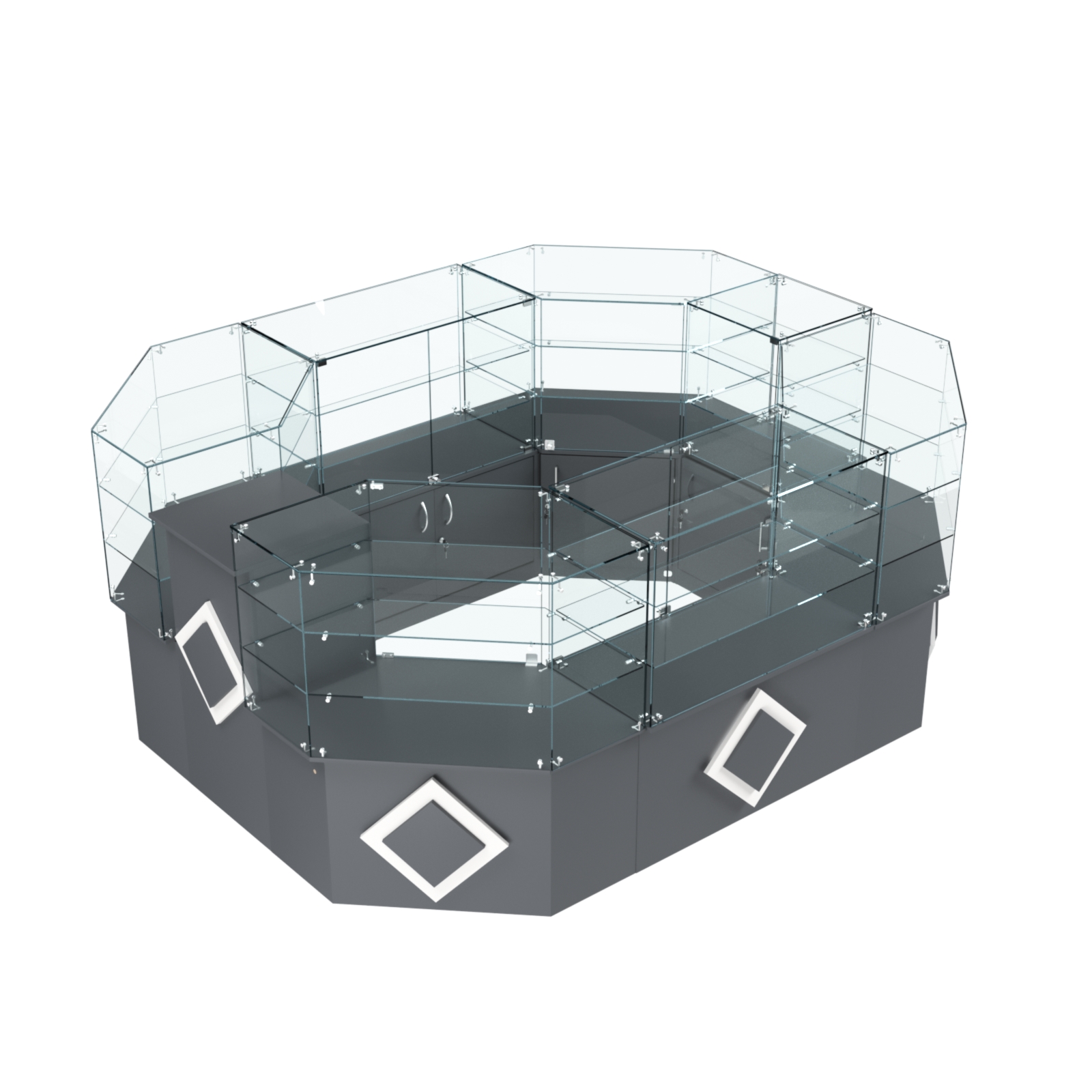 Торговый прямоугольный островок с низким накопителем и накладками серии РОМБ №1 (6,24 кв.м) Темно-Серый