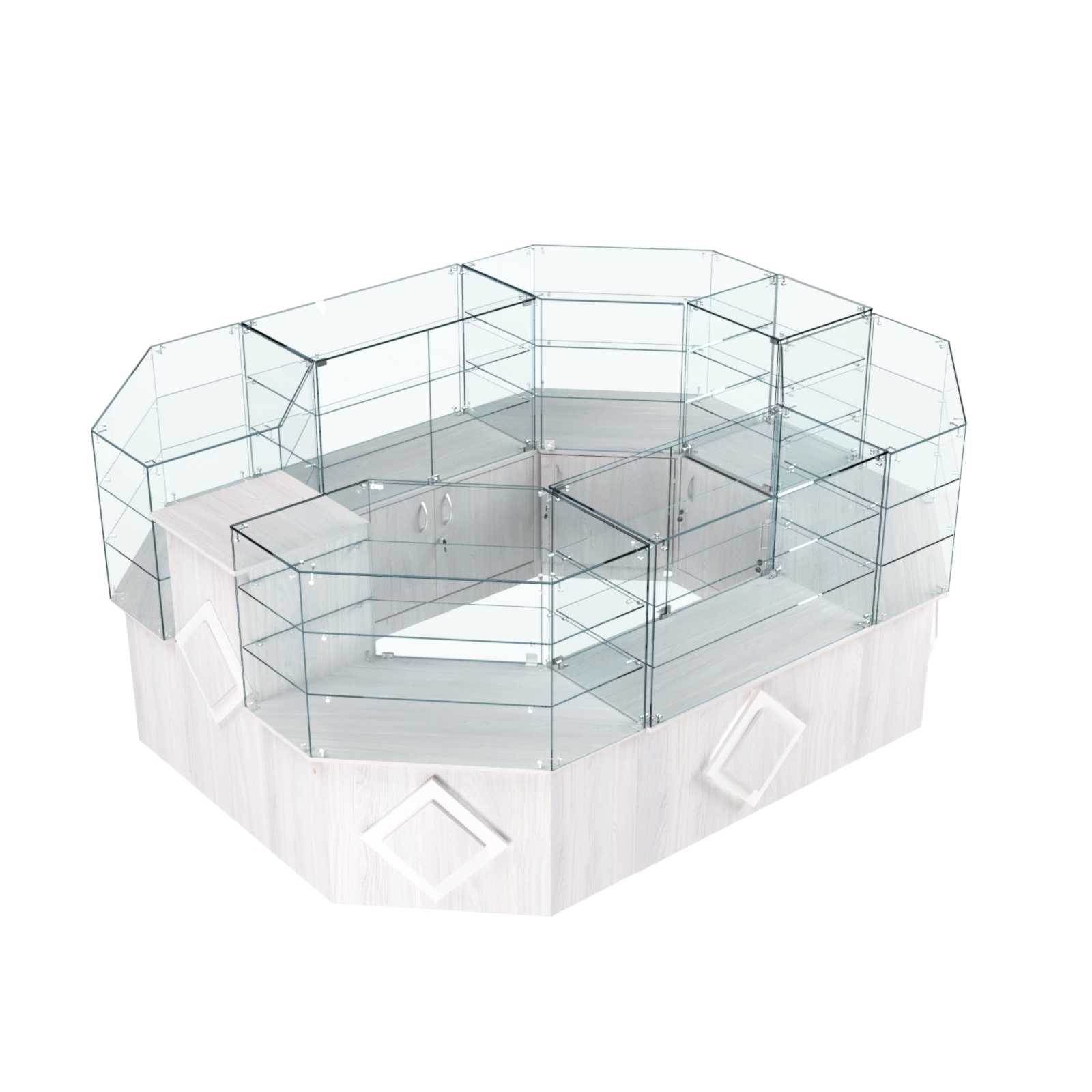 Торговый прямоугольный островок с низким накопителем и накладками серии РОМБ №1 (6,24 кв.м) Ясень Анкор светлый