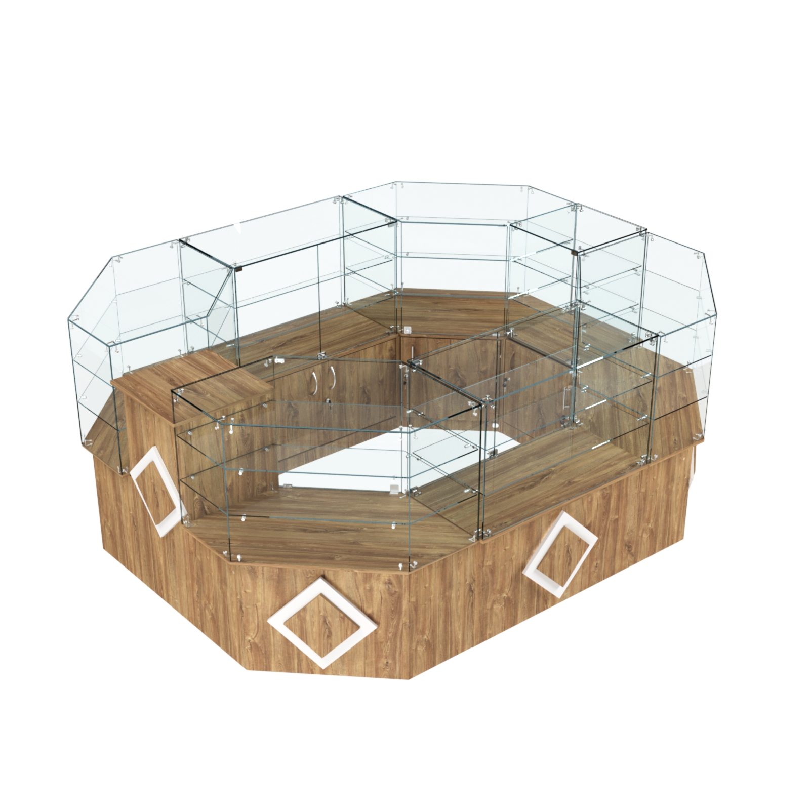 Торговый прямоугольный островок с низким накопителем и накладками серии РОМБ №1 (6,24 кв.м) Дуб Канзас коричневый