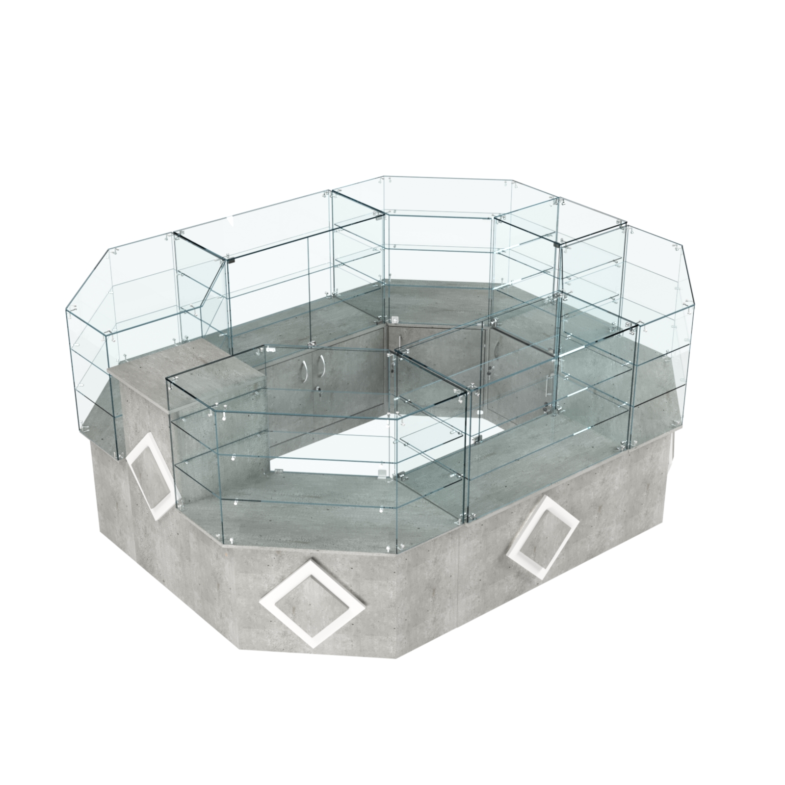 Торговый прямоугольный островок с низким накопителем и накладками серии РОМБ №1 (6,24 кв.м) Метрополитан Грей