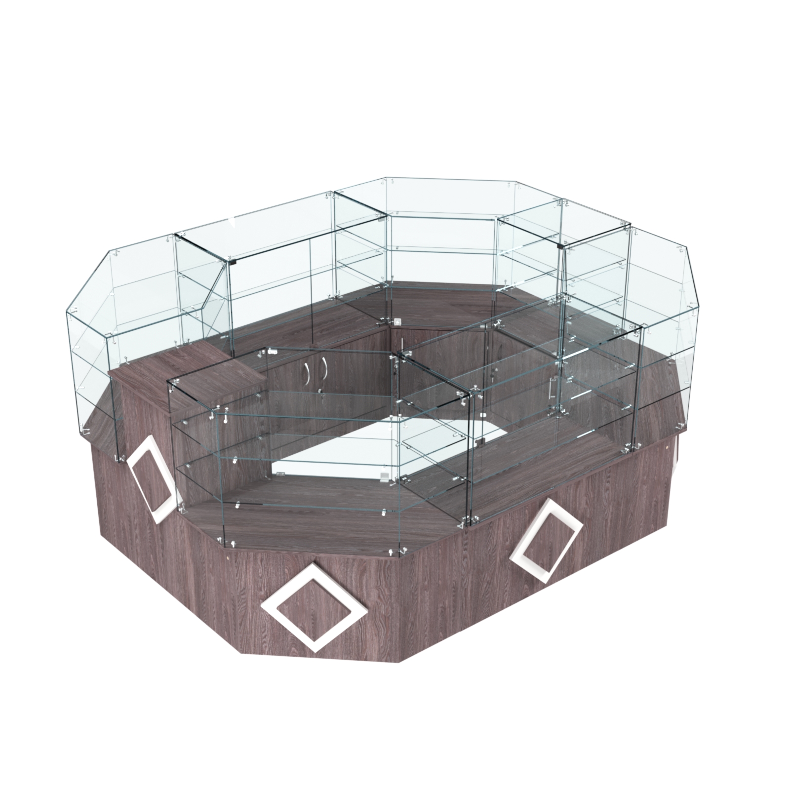 Торговый прямоугольный островок с низким накопителем и накладками серии РОМБ №1 (6,24 кв.м) Ясень Анкор темный
