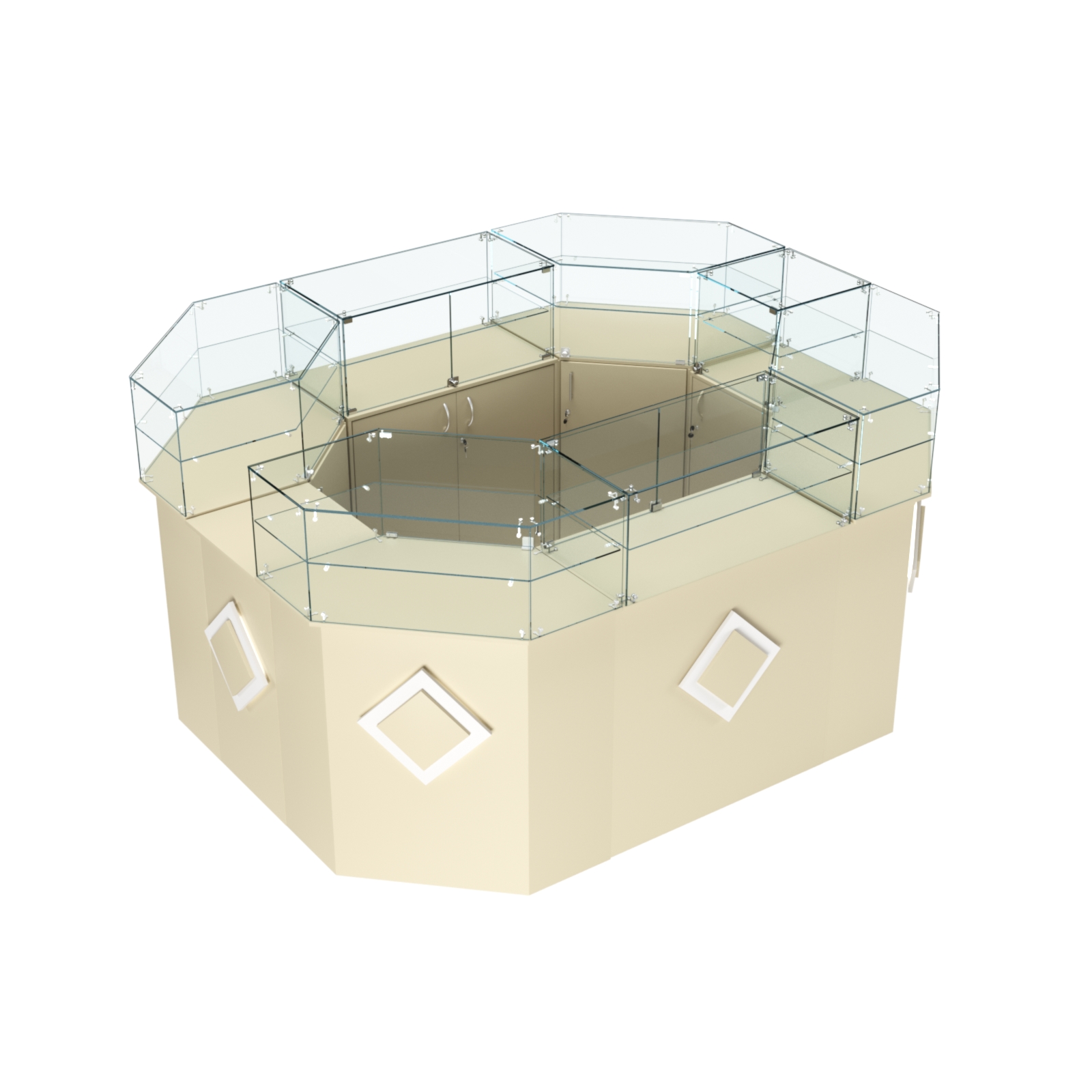 Торговый прямоугольный островок с высоким накопителем и накладками серии РОМБ №4 (6,24 кв.м) Крем Вайс