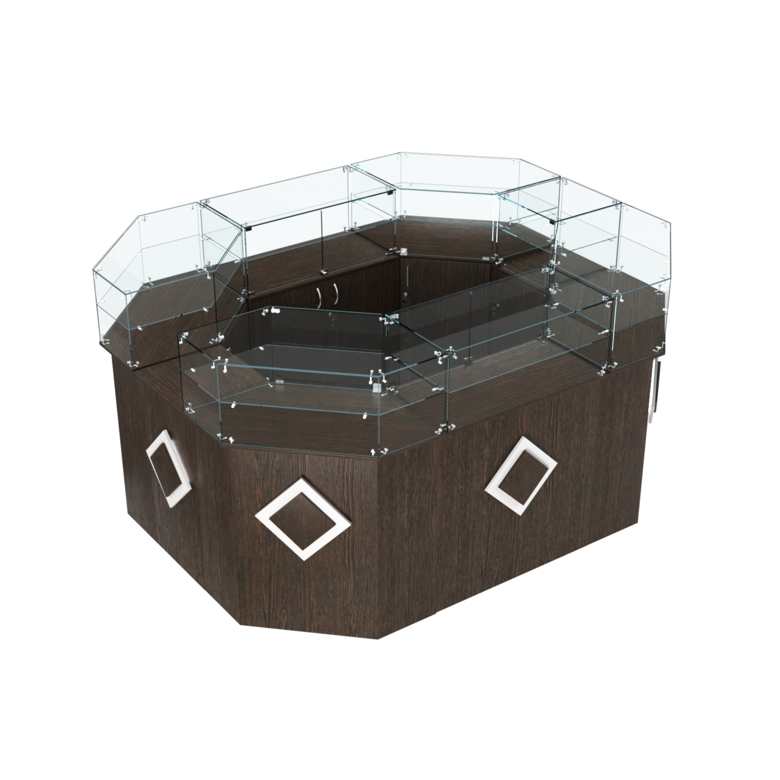 Торговый прямоугольный островок с высоким накопителем и накладками серии РОМБ №4 (6,24 кв.м) Дуб Венге