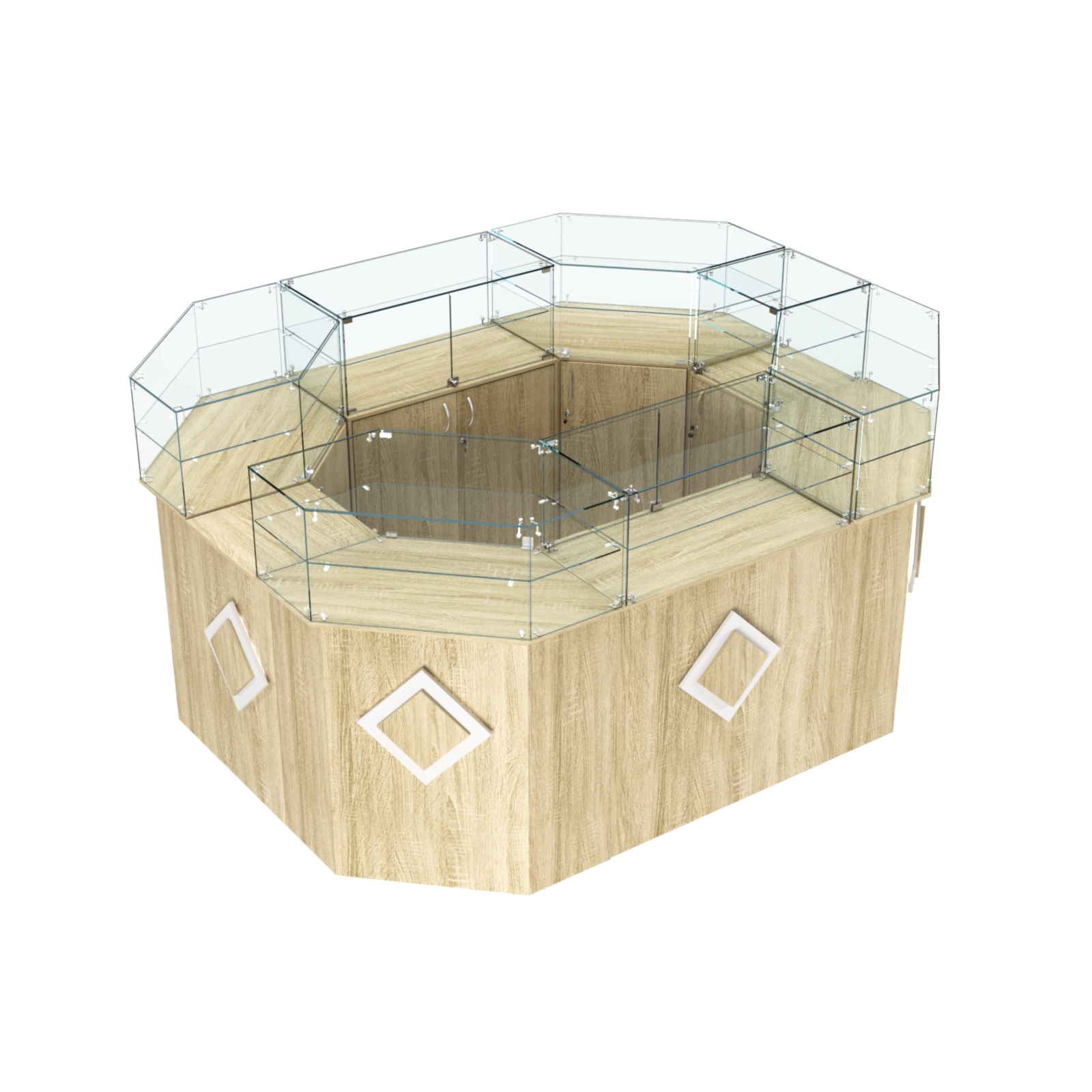 Торговый прямоугольный островок с высоким накопителем и накладками серии РОМБ №4 (6,24 кв.м) Дуб сонома