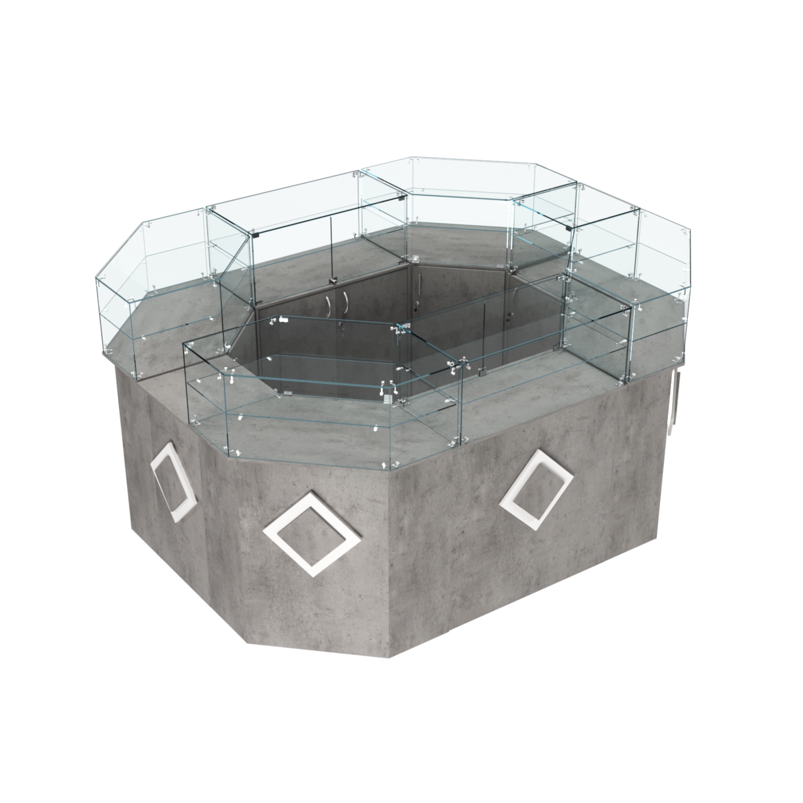 Торговый прямоугольный островок с высоким накопителем и накладками серии РОМБ №4 (6,24 кв.м) Бетон Чикаго светло-серый F186 ST9