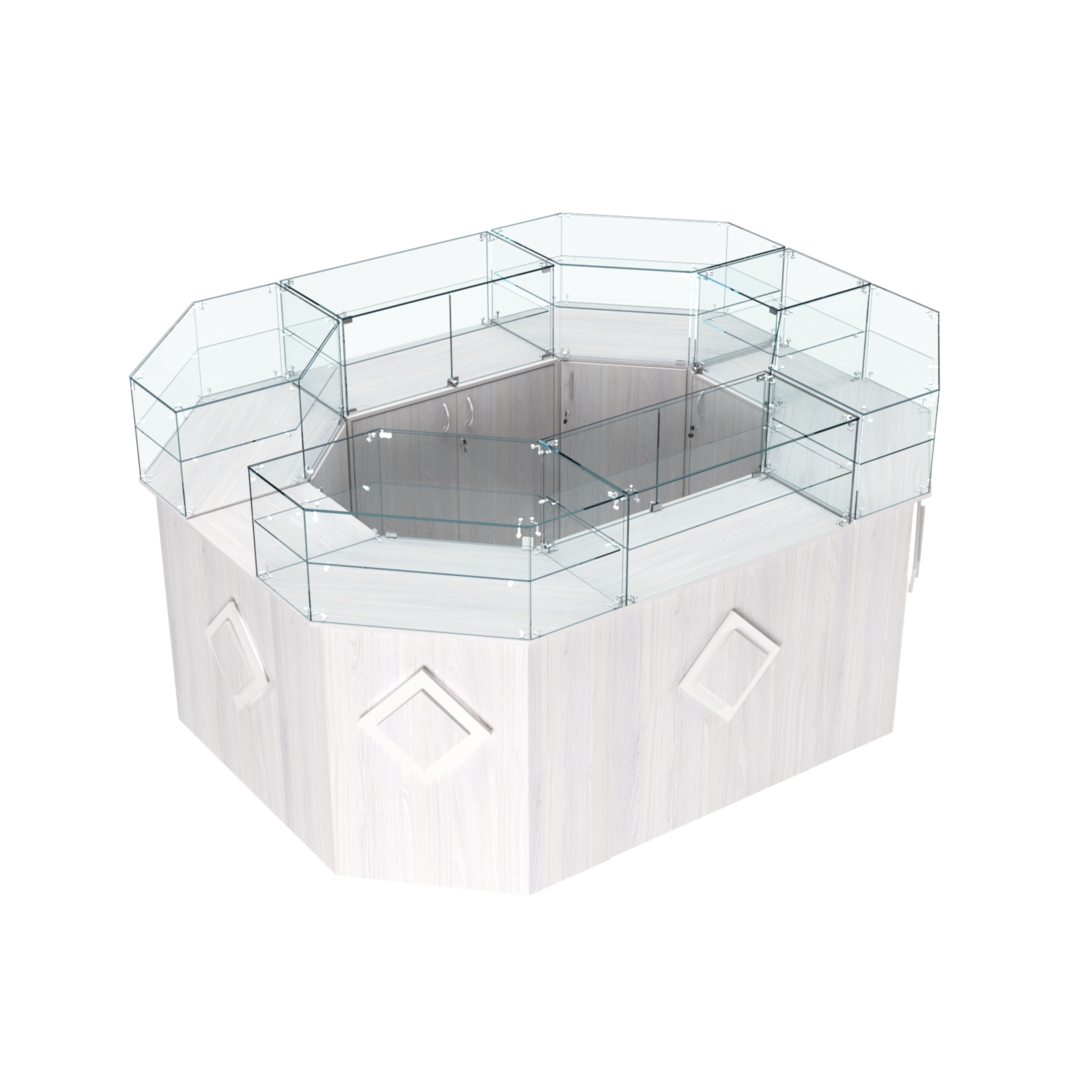 Торговый прямоугольный островок с высоким накопителем и накладками серии РОМБ №4 (6,24 кв.м) Ясень Анкор светлый