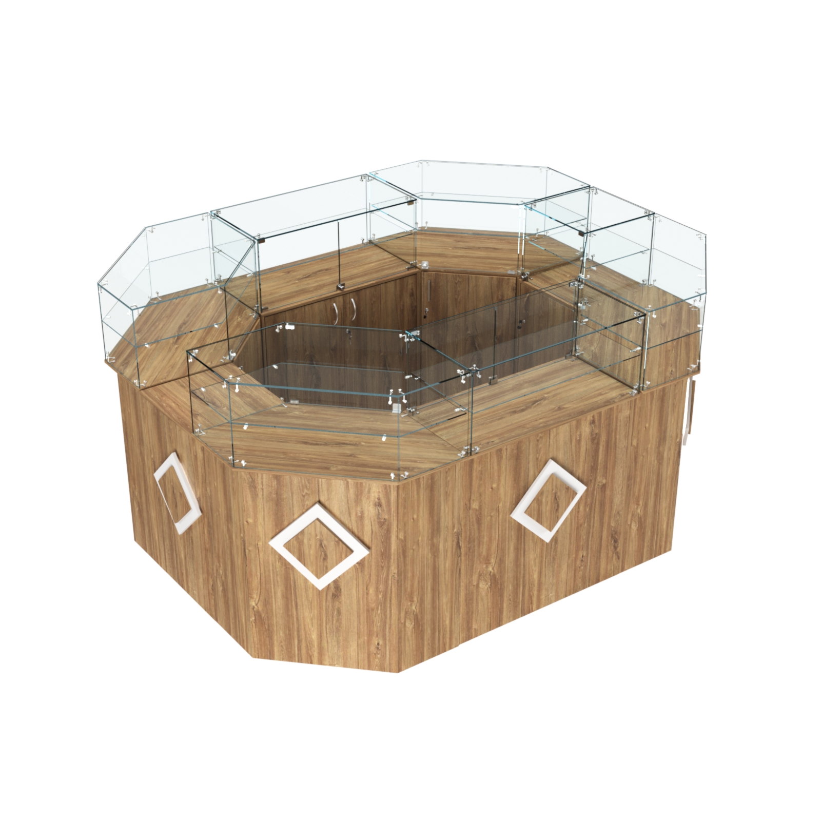 Торговый прямоугольный островок с высоким накопителем и накладками серии РОМБ №4 (6,24 кв.м) Дуб Канзас коричневый