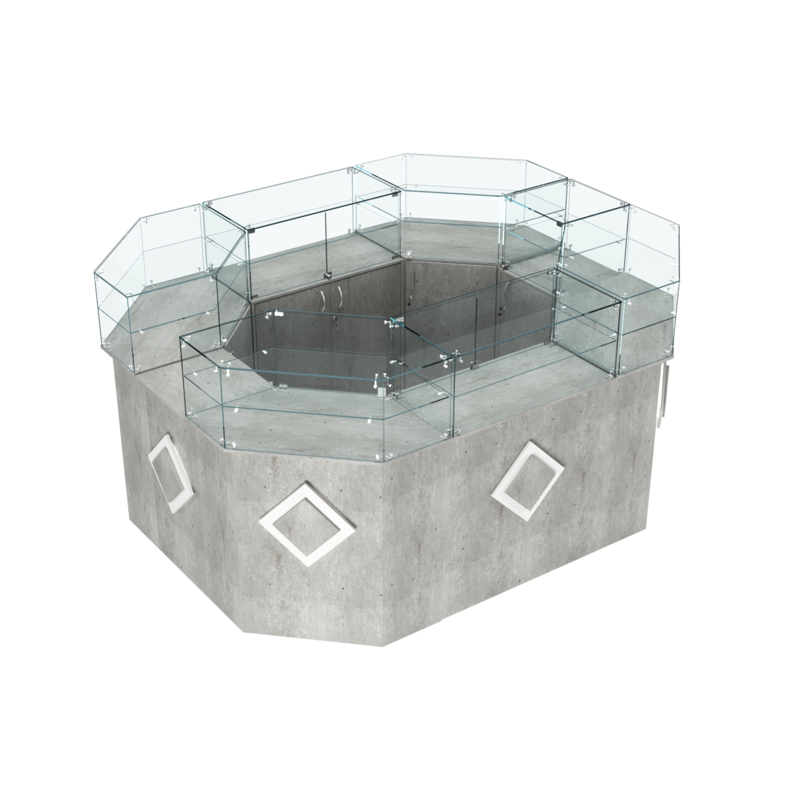 Торговый прямоугольный островок с высоким накопителем и накладками серии РОМБ №4 (6,24 кв.м) Метрополитан Грей