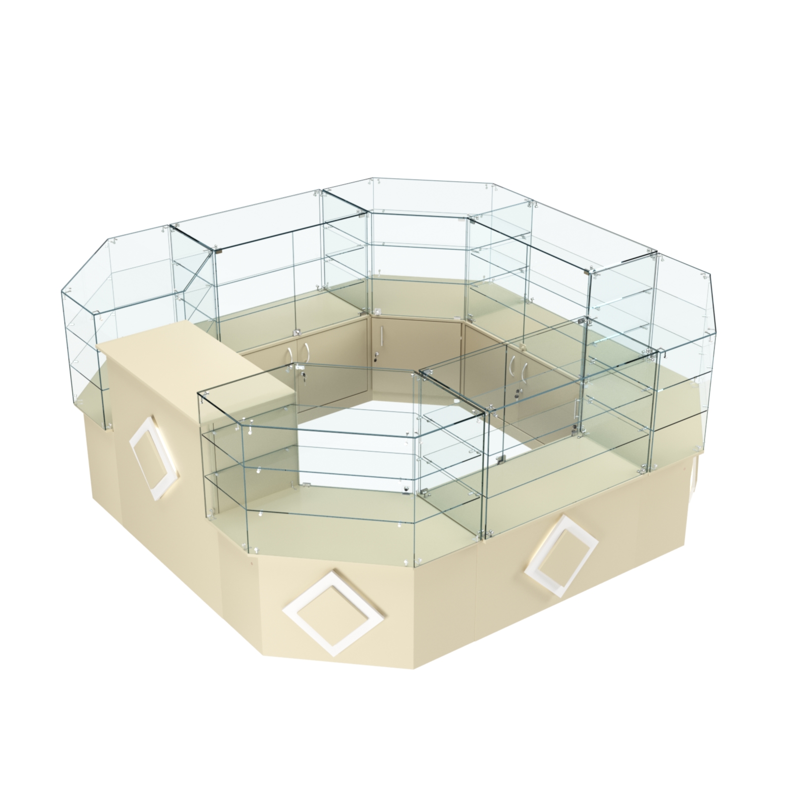 Торговый стеклянный островок с накладками серии РОМБ №2 (7,62 кв.м) Крем Вайс