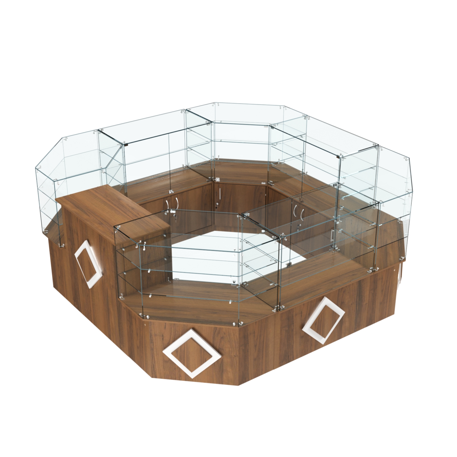 Торговый стеклянный островок с накладками серии РОМБ №2 (7,62 кв.м) Орех