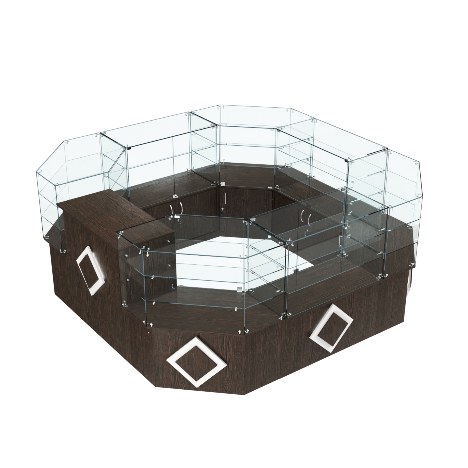 Торговый стеклянный островок с накладками серии РОМБ №2 (7,62 кв.м) Дуб Венге