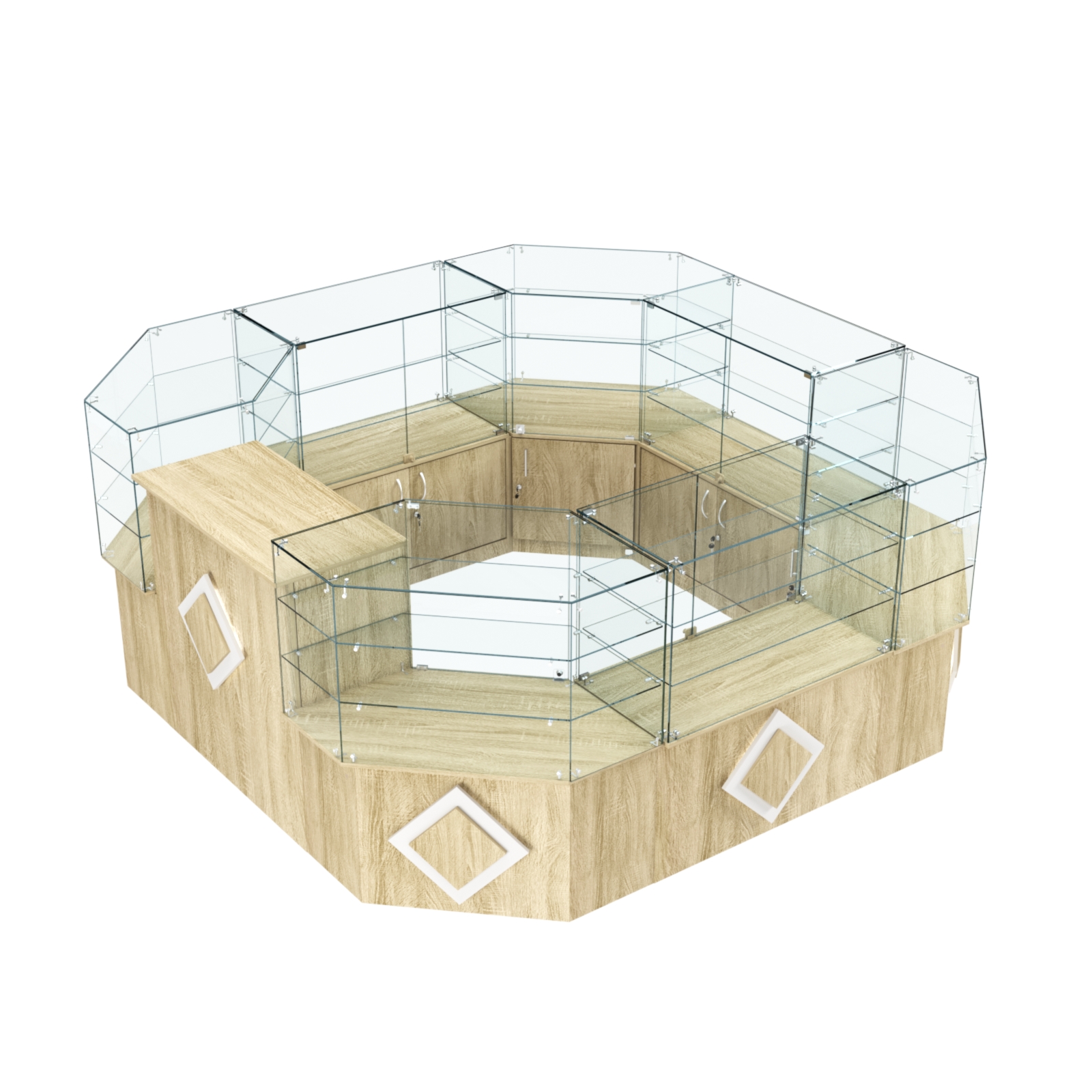 Торговый стеклянный островок с накладками серии РОМБ №2 (7,62 кв.м) Дуб сонома