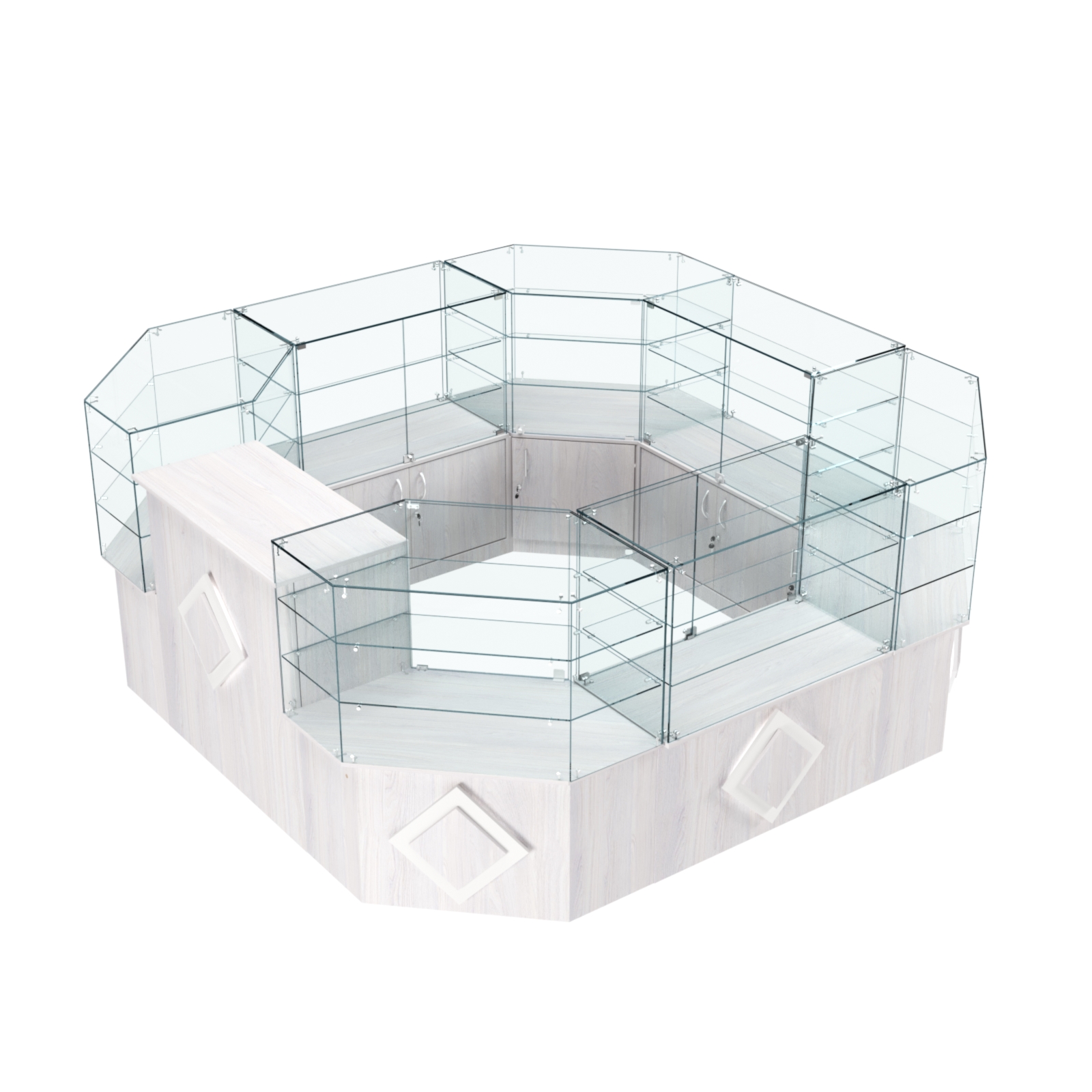 Торговый стеклянный островок с накладками серии РОМБ №2 (7,62 кв.м) Ясень Анкор светлый