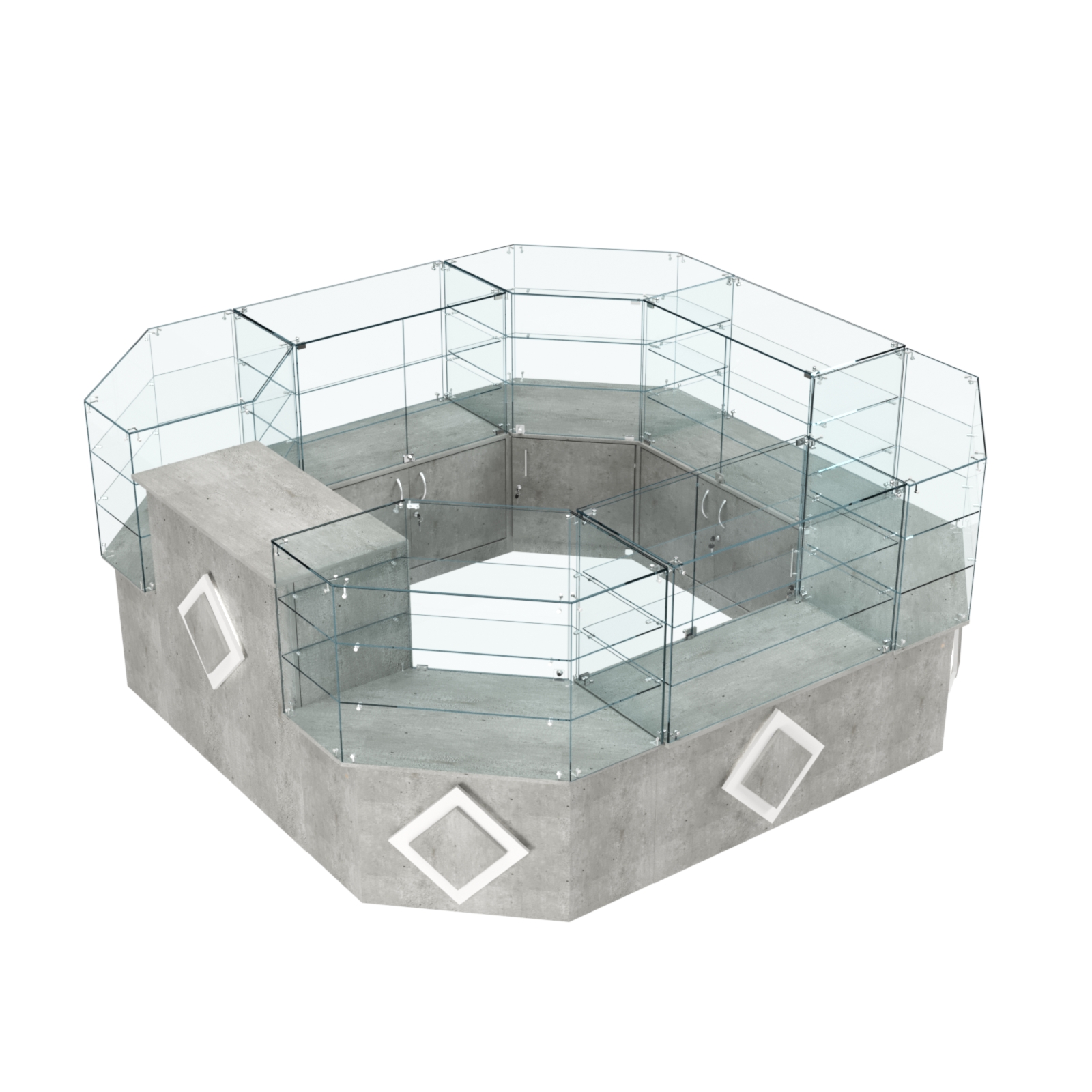 Торговый стеклянный островок с накладками серии РОМБ №2 (7,62 кв.м) Метрополитан Грей