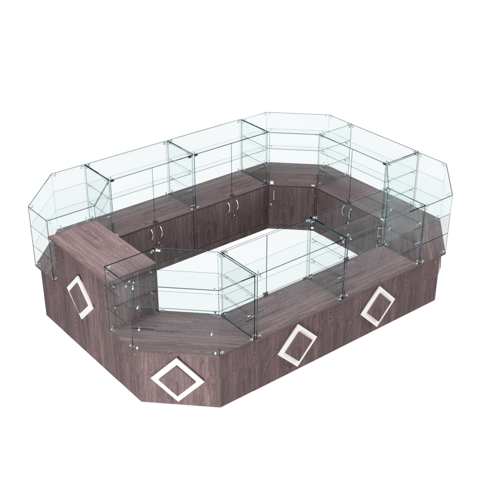 Торговый центральный островок с накладками серии РОМБ №3 (10,38 кв.м) Ясень Анкор темный