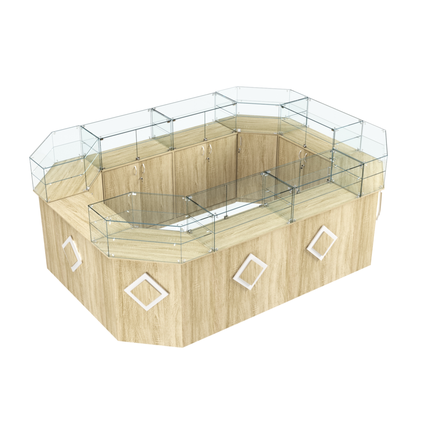 Торговый островок с прозрачным верхом и накладками серии РОМБ №6 (10,38 кв.м) Дуб сонома