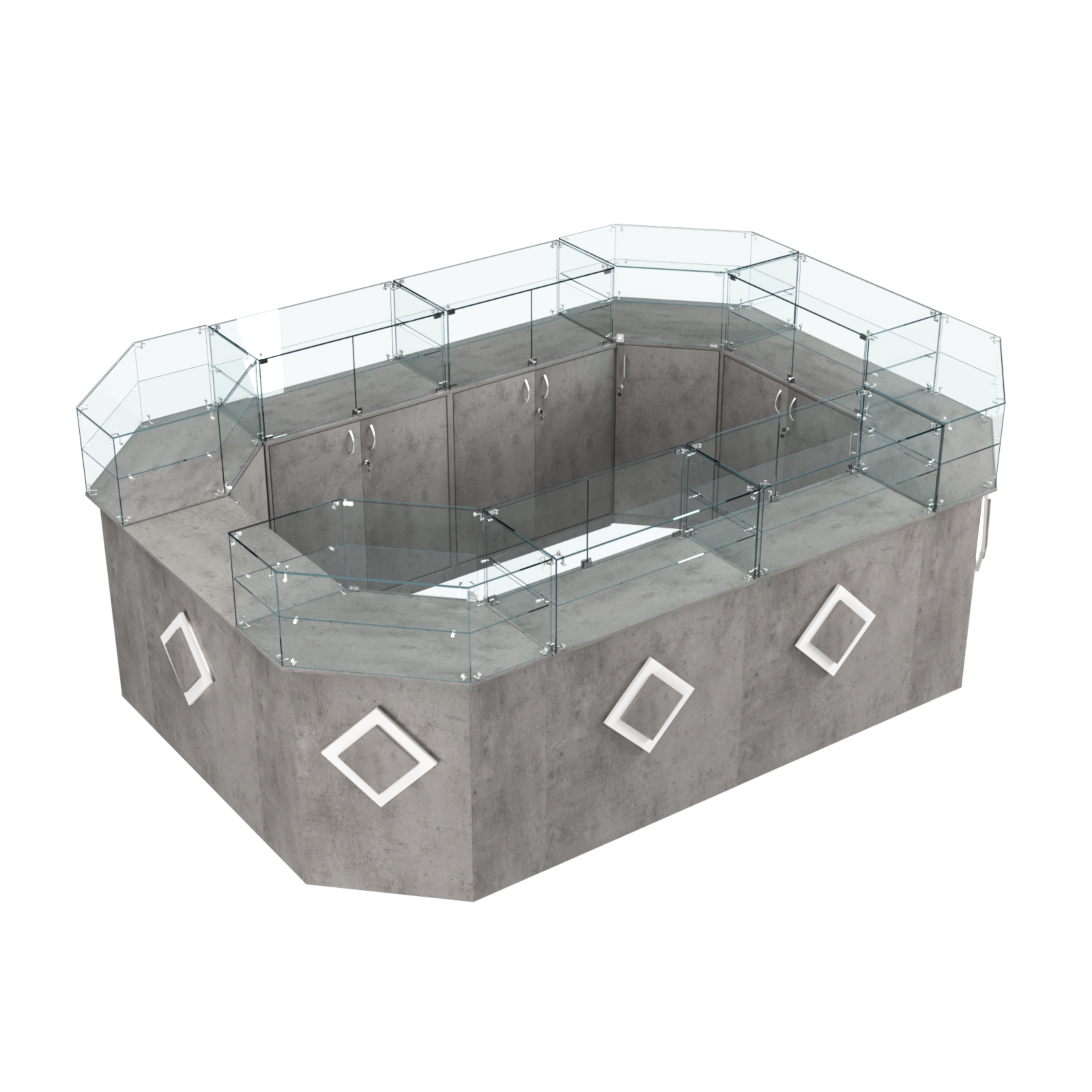 Торговый островок с прозрачным верхом и накладками серии РОМБ №6 (10,38 кв.м) Бетон Чикаго светло-серый F186 ST9