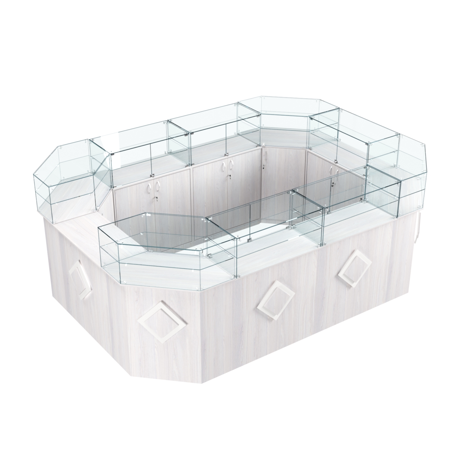 Торговый островок с прозрачным верхом и накладками серии РОМБ №6 (10,38 кв.м) Ясень Анкор светлый