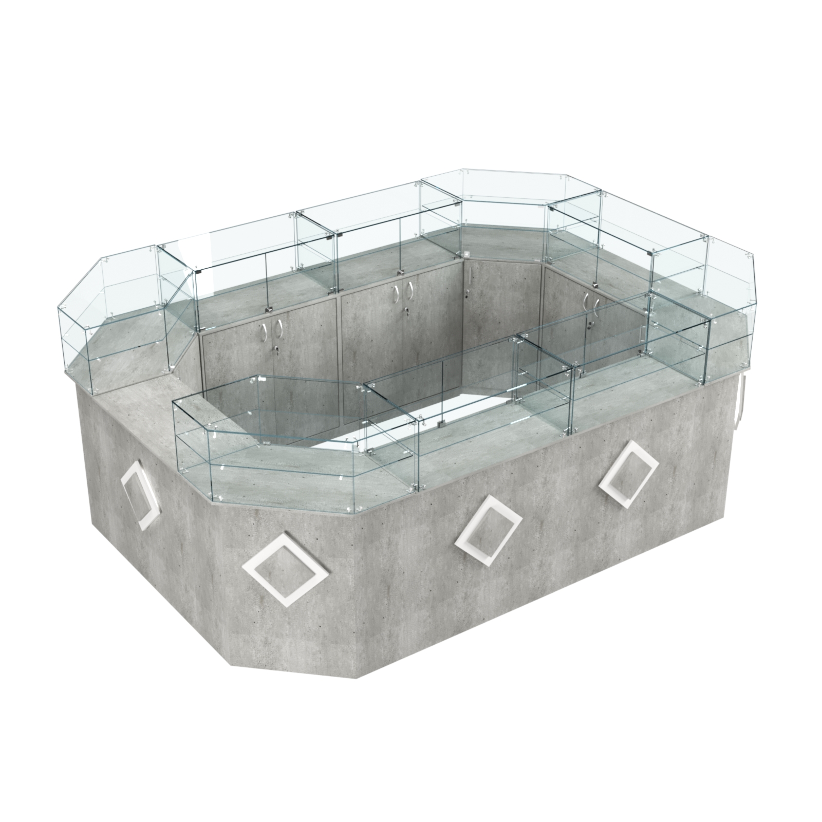 Торговый островок с прозрачным верхом и накладками серии РОМБ №6 (10,38 кв.м) Метрополитан Грей